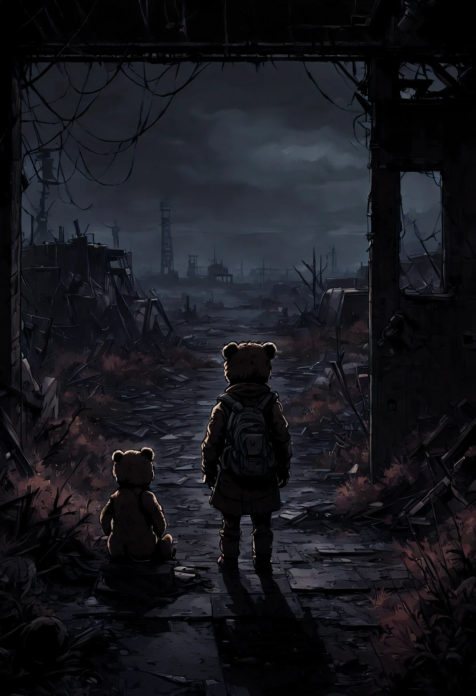 Flat 2D Art, Lonely girl, teddy bear, nuclear wasteland, plants regaining territory, desolation, eerie atmosphere, (dark and moody:1.4), (loneliness:1.3), (post-apocalyptic:1.2).