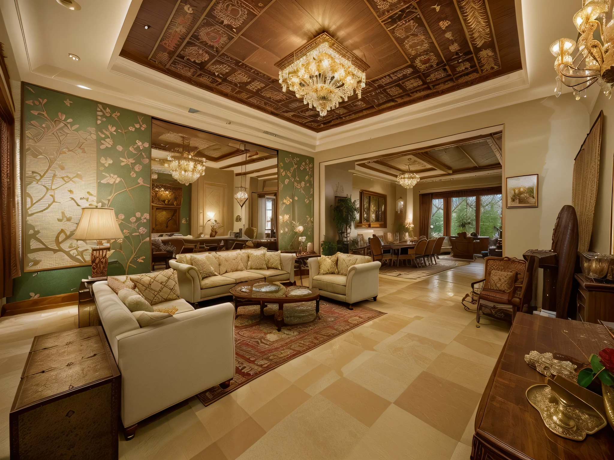 The ceiling is designed to be high and embellished with traditional details such as floral patterns, creating an elegant and charming atmosphere. The main wall often utilizes deep colors like red, dark green, or brown to accentuate the space. Classic paintings, fabric panels, or antique mirrors hung on the wall also add sophistication and refinement. The furniture comprises sofas and cushioned chairs crafted from premium materials and adorned with traditional floral patterns. A luxurious wooden coffee table with exquisite details or intricately carved floral motifs is chosen. Seating areas are creatively arranged to offer both comfort and functionality to the occupants. Natural light is embraced through large windows, creating a magnificent natural tableau within the room. Ornate chandeliers or decorative lights with a classic design, such as crystal pendant lamps or chandeliers, serve as focal points, enhancing the room's opulent beauty. Additionally, the use of decorative items like throw pillows, area rugs, or traditional patterned décor elements such as antique ceramics, handmade crafts further enriches the beauty and complexity of the living room space.