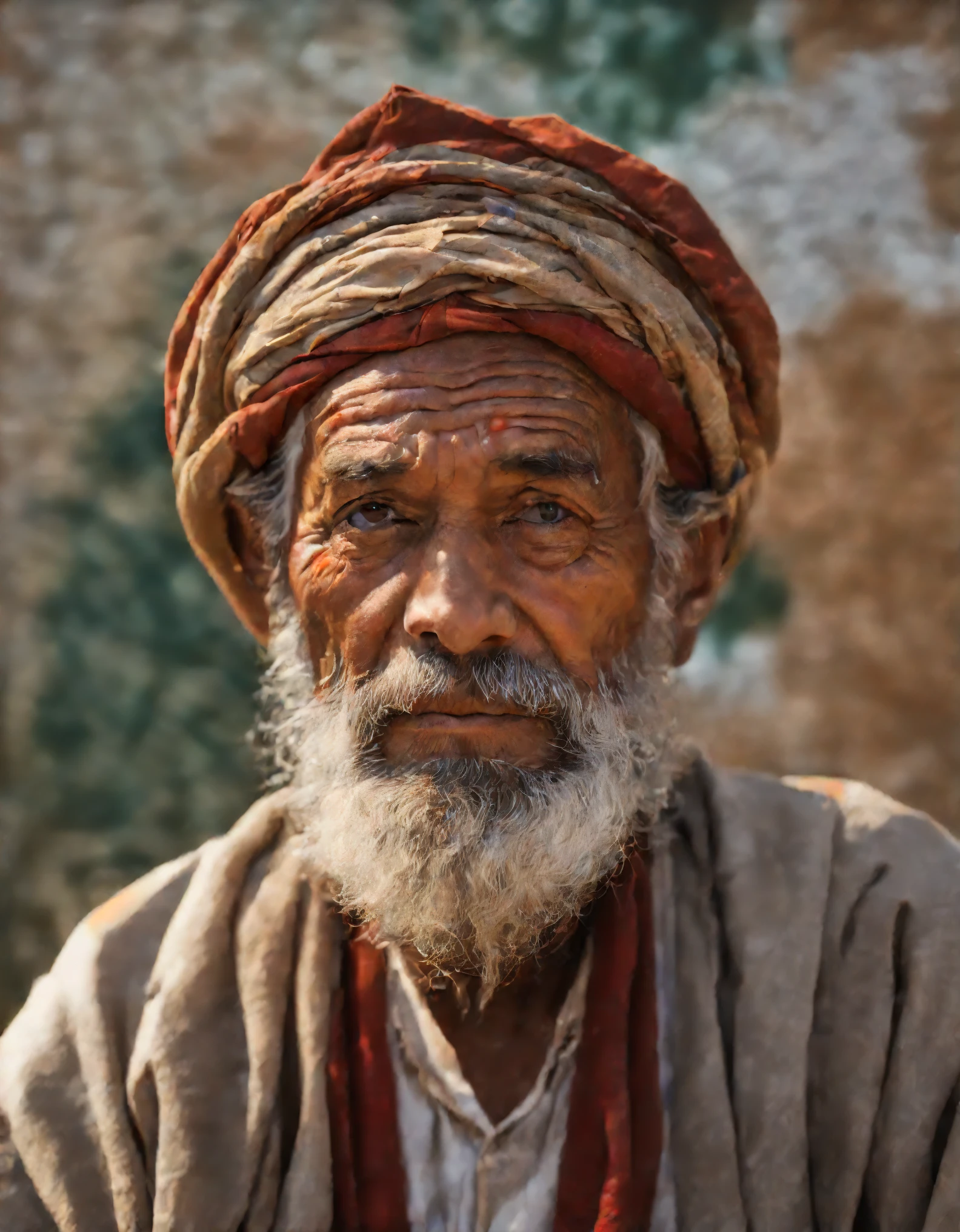 Imagine an elderly Muslim man, his face a landscape of wisdom and character. His weathered skin carries the traces of a life fully lived, every line and wrinkle telling stories of joy, sorrow, and resilience. His eyes, deep and contemplative, hold the weight of experiences, reflecting a lifetime of knowledge and wisdom. His beard, gray and meticulously groomed, speaks of tradition and dignity.The setting is crucial—a warmly lit room adorned with cultural artifacts, perhaps a bookshelf filled with ancient texts or ornate rugs adorning the walls. Soft light cascades upon the man's face, emphasizing the intricacies of his features. He sits comfortably, exuding a sense of quiet confidence and grace.Capture the essence of his spirituality, perhaps a subtle hint of prayer beads wrapped around weathered fingers or a serene expression hinting at a deep connection to his faith. Let the background elements subtly complement the richness of his character without overshadowing his presence.The artwork should not just depict a face but convey a lifetime of stories, struggles, and triumphs. Let every stroke of the brush or detail in the digital medium resonate with the viewer, inviting them to contemplate the depth of this individual's life journey, the cultural heritage he carries, and the beauty of wisdom etched in his countenance.