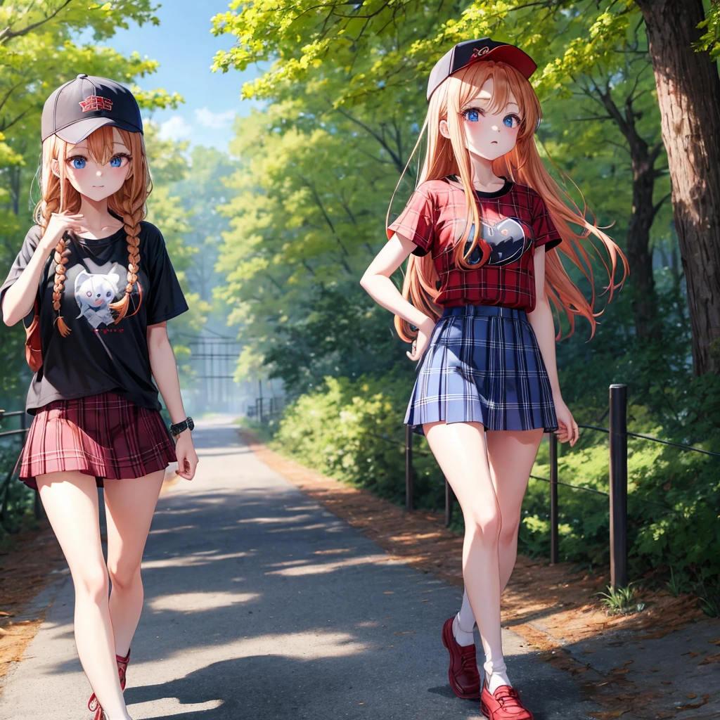 red blonde、blue eyess、Braids、one good looking girl、独奏、animesque、Plaid miniskirt、Black T-shirt、camisole、the woods、Sunlight、Wearing a plaid baseball cap、bare-legged、Tilting your face、Walking