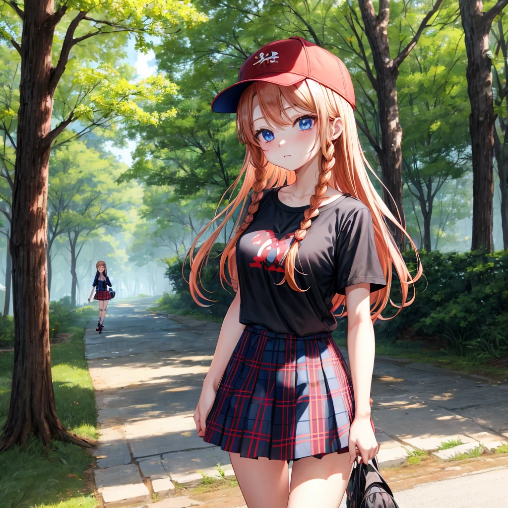 red blonde、blue eyess、Braids、one good looking girl、独奏、animesque、Plaid miniskirt、Black T-shirt、camisole、the woods、Sunlight、Wearing a plaid baseball cap、bare-legged、Tilting your face、Walking