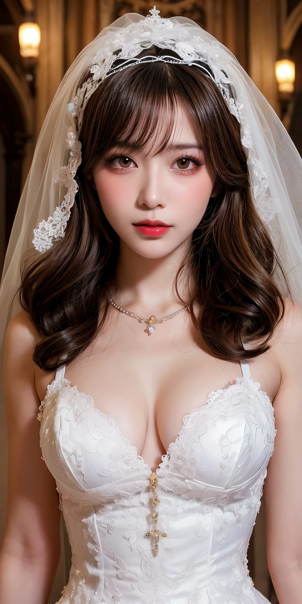 masutepiece,1girl in,(maturefemale:0.5),Tall body,Golden proportions,(Kpop Idol),(Shiny skin:1.2),(Oil skin:1.1),makeup,(close up),(church background),depth of fields,(Closed mouth:0.5),((Curly hair、Curly hair、brown haired)),(Puffy eyes),(Eyelashes:1.1),(Parted lips:1.1),Red Lipstick,Fantasy Art Style,dreamy lights,(lace wedding dresses:1.2),Full body,(dreamy veil:1.1),(Dusk:1.2),princess shoes,(Diamond necklace),(Crystal Hairpin),Tindall Effect,hight resolution