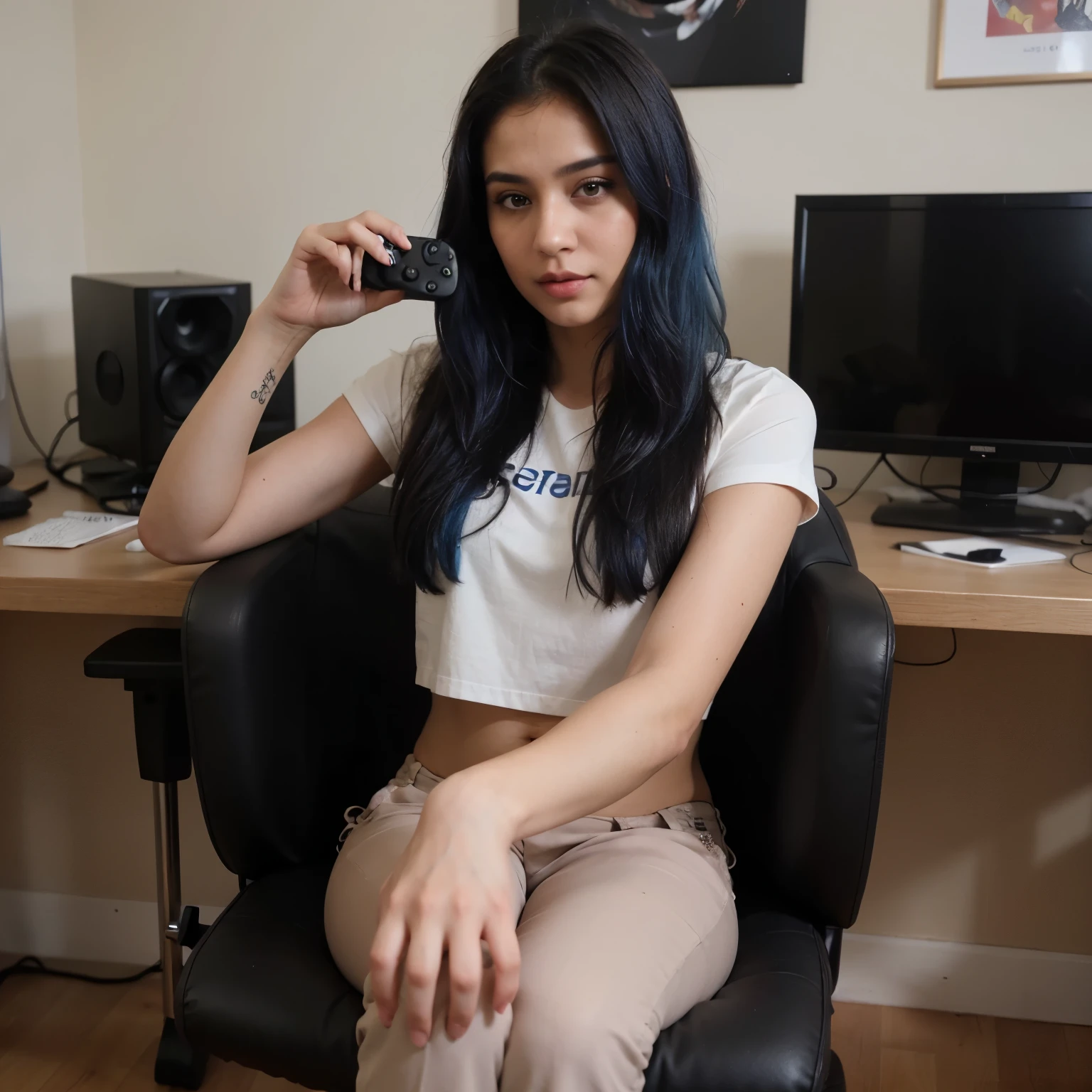 Realistic portrait photo of a beautiful woman with blue hair,root hair slightly faded,indian, influencer,brown eyes,instagram,wearing a blue top and trousers, sitting in gaming chair,playing video games in pc