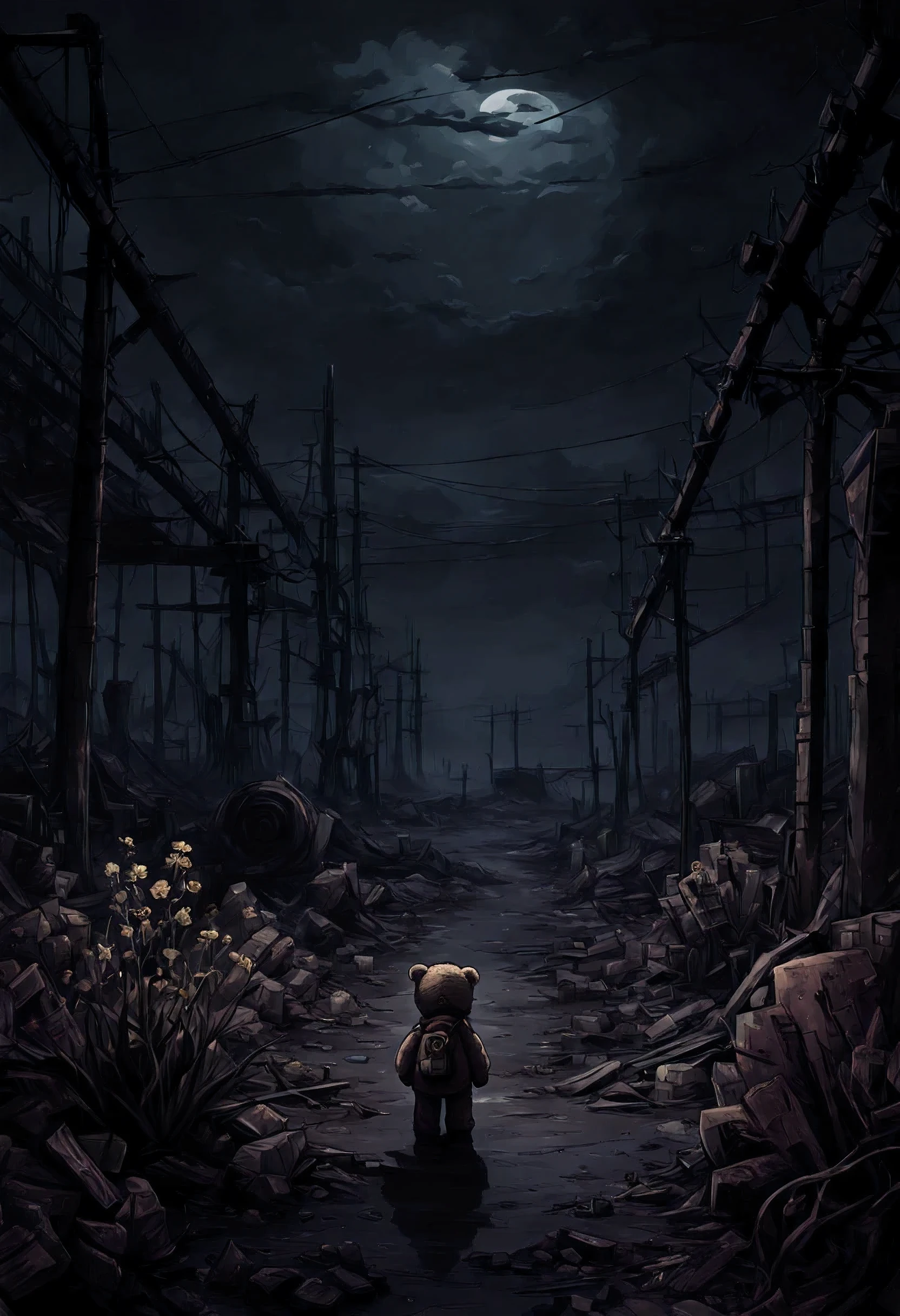 Flat 2D Art, Lonely (((girl))), teddy bear, nuclear wasteland, plants regaining territory, desolation, eerie atmosphere, (dark and moody:1.2), (loneliness:1.ost-apocalyptic:1.2).