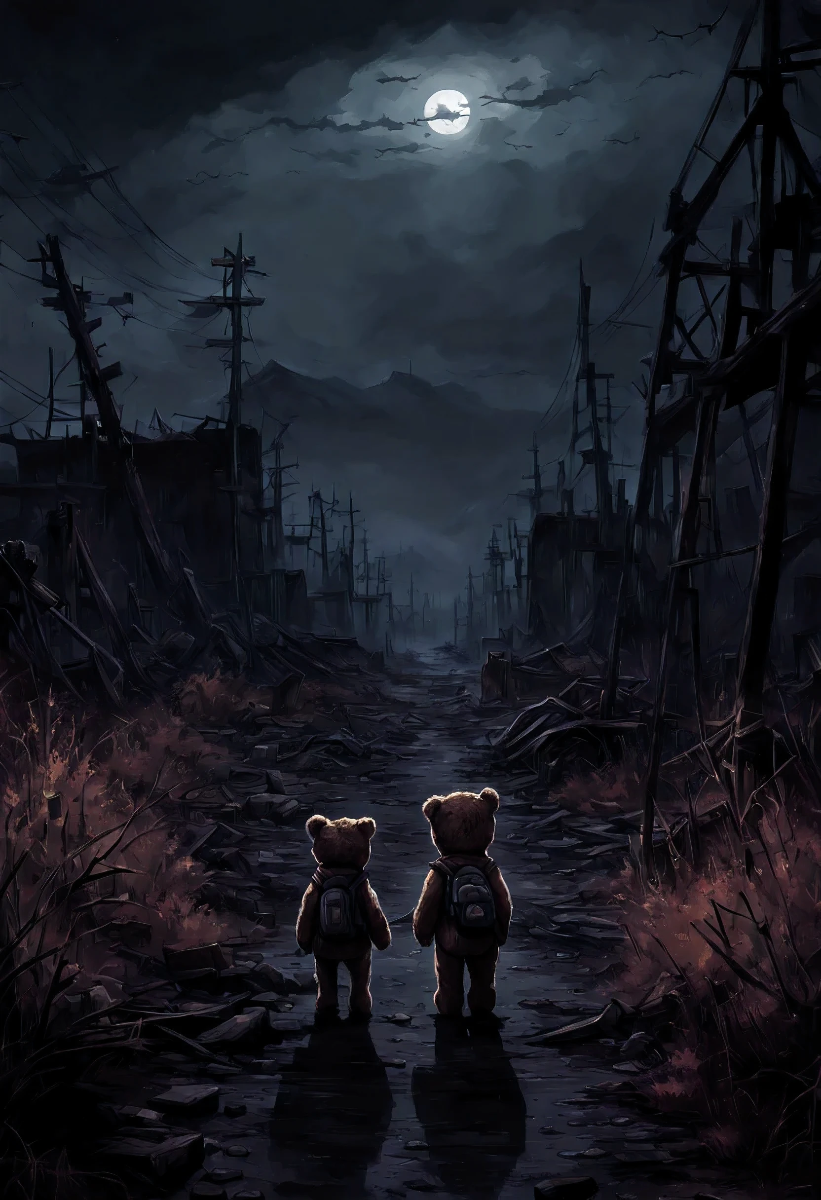 Flat 2D Art, Lonely (((girl))), teddy bear, nuclear wasteland, plants regaining territory, desolation, eerie atmosphere, (dark and moody:1.2), (loneliness:1.ost-apocalyptic:1.2).