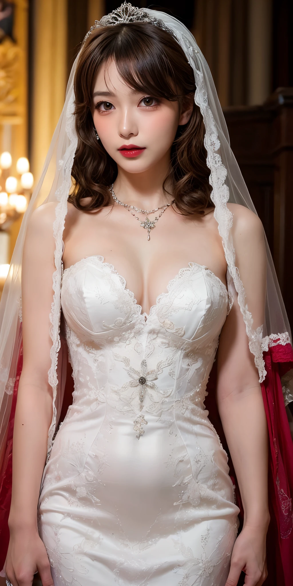 masutepiece,1girl in,(maturefemale:0.5),Tall body,Golden proportions,(Kpop Idol),(Shiny skin:1.2),(Oil skin:1.1),makeup,(close up),(church background),depth of fields,(Closed mouth:0.5),((Curly hair、Curly hair、brown haired)),(Puffy eyes),(Eyelashes:1.1),(Parted lips:1.1),Red Lipstick,Fantasy Art Style,dreamy lights,(lace wedding dresses:1.2),Full body,(dreamy veil:1.1),(Dusk:1.2),princess shoes,(Diamond necklace),(Crystal Hairpin),Tindall Effect,hight resolution