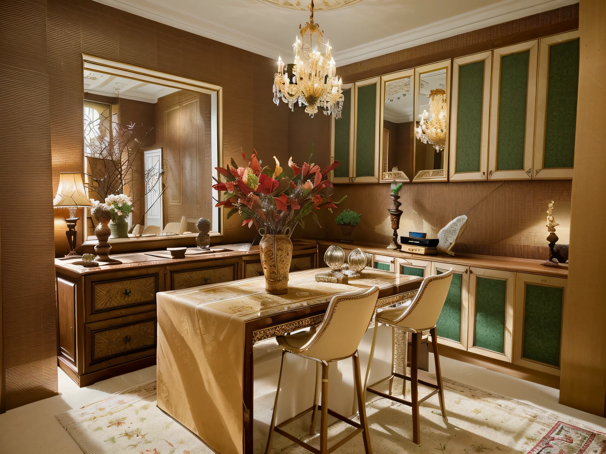 The ceiling is designed to be high and embellished with traditional details such as floral patterns, creating an elegant and charming atmosphere. The main wall often utilizes deep colors like red, dark green, or brown to accentuate the space. Classic paintings, fabric panels, or antique mirrors hung on the wall also add sophistication and refinement. The furniture comprises sofas and cushioned chairs crafted from premium materials and adorned with traditional floral patterns. A luxurious wooden coffee table with exquisite details or intricately carved floral motifs is chosen. Seating areas are creatively arranged to offer both comfort and functionality to the occupants. Natural light is embraced through large windows, creating a magnificent natural tableau within the room. Ornate chandeliers or decorative lights with a classic design, such as crystal pendant lamps or chandeliers, serve as focal points, enhancing the room's opulent beauty. Additionally, the use of decorative items like throw pillows, area rugs, or traditional patterned décor elements such as antique ceramics, handmade crafts further enriches the beauty and complexity of the living room space.
