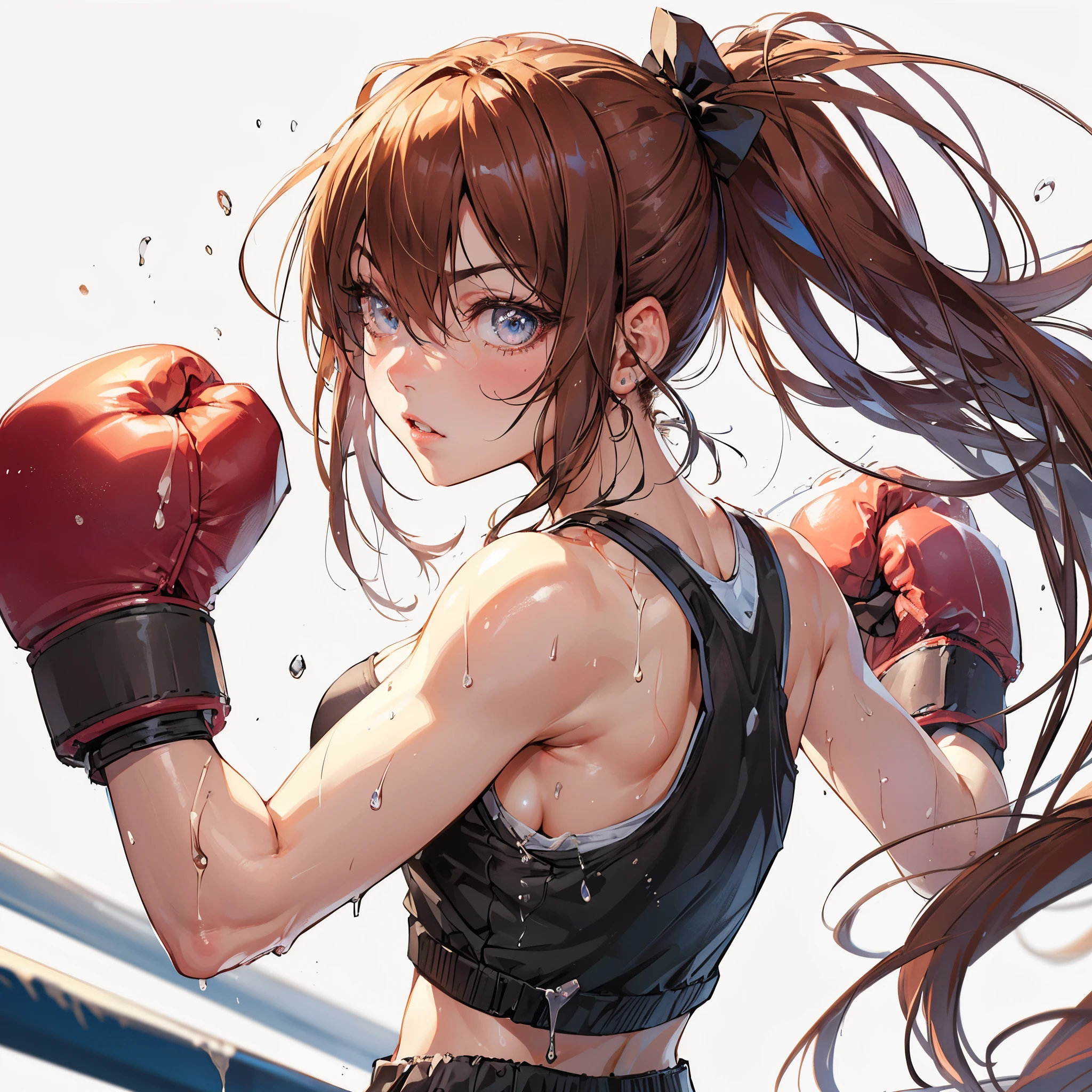 (Best Quality, masutepiece),ultra detailed photographic,1girl in, Female Boxers ,straight punch,Large breasts,At the boxing venue,Detailed beautiful face,Beautiful eyes,detailed hairs,detailed  clothes,Detailed realistic skin,Cool,Dynamic Angle,