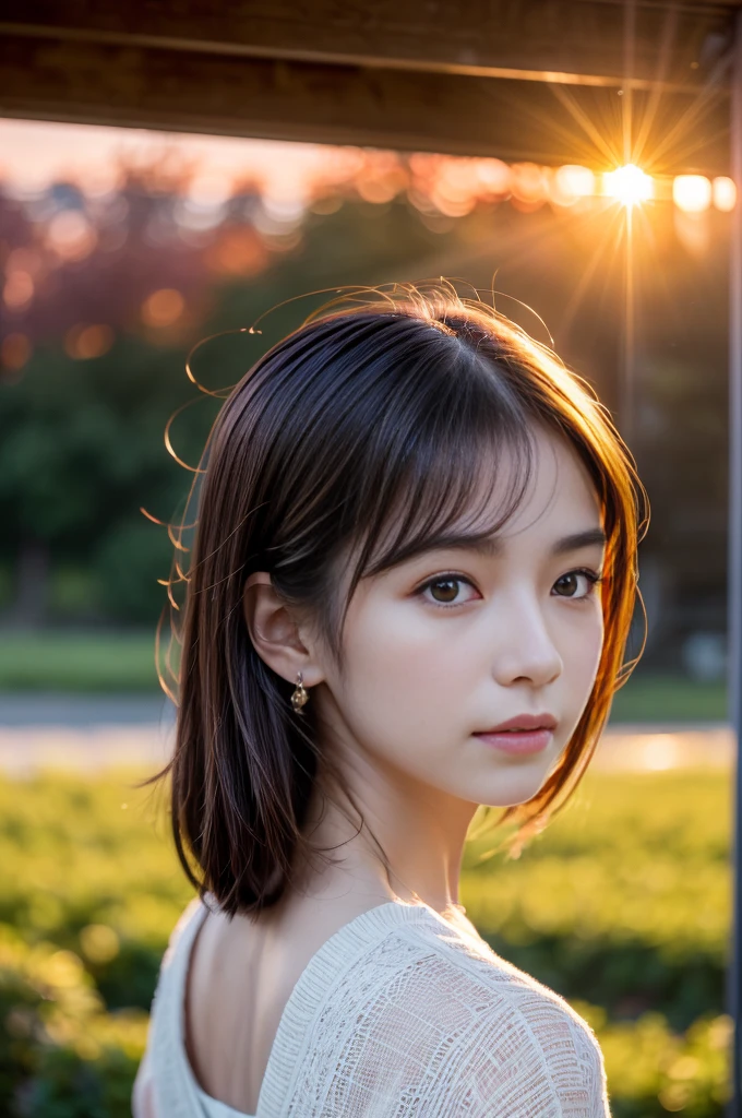 (Photoreal Stick:1.5, masutepiece:1.5, 8K), (top-quality, ​masterpiece, 超A high resolution), (Face Sharp Focus:1.45), Professional camera work:1.25, Highly detailed skin and facial texture:1.3, Grow Light Effect, The ultra-detailliert:1.3, 1girl in, Fair skin, (Sense of clarity:1.5), Small face, Extremely beautiful face:1.4, Sense of clarityを感じる目:0.9, looking distantly, Enraptured look:1.0, i love you completely:0.8, slightly open mouth:0.4, Sense of clarityを感じる口当たり:0.7, 二重まぶた, Dark brown medium hair, necklace and earrings, looking at viewert, (sunrises, Light sunlight:1.3, sunlight shining from behind:1.3, Pale sunlight spreads across the screen:1.5) ), (The woman looks hazy because of the bright light.:1.5), (reflect light onto the lens:1.4)