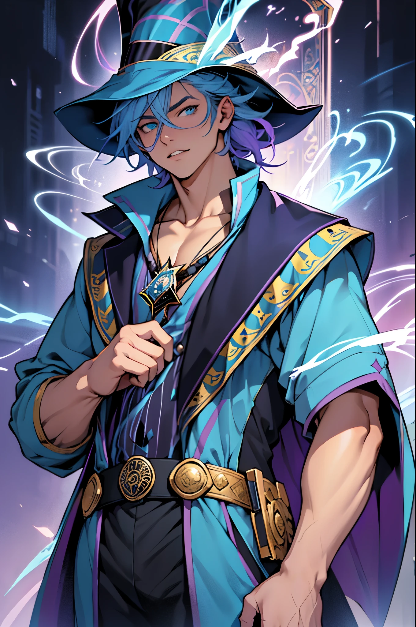 Casual clothing, Man of random height, casual build, with random hair, narrow incredulous eyes with an incredulous look. A wide round face complements a narrow nose, and thick lips, (Magic:1.3), (aura:1.3), in full height, (dream magician:1.4)