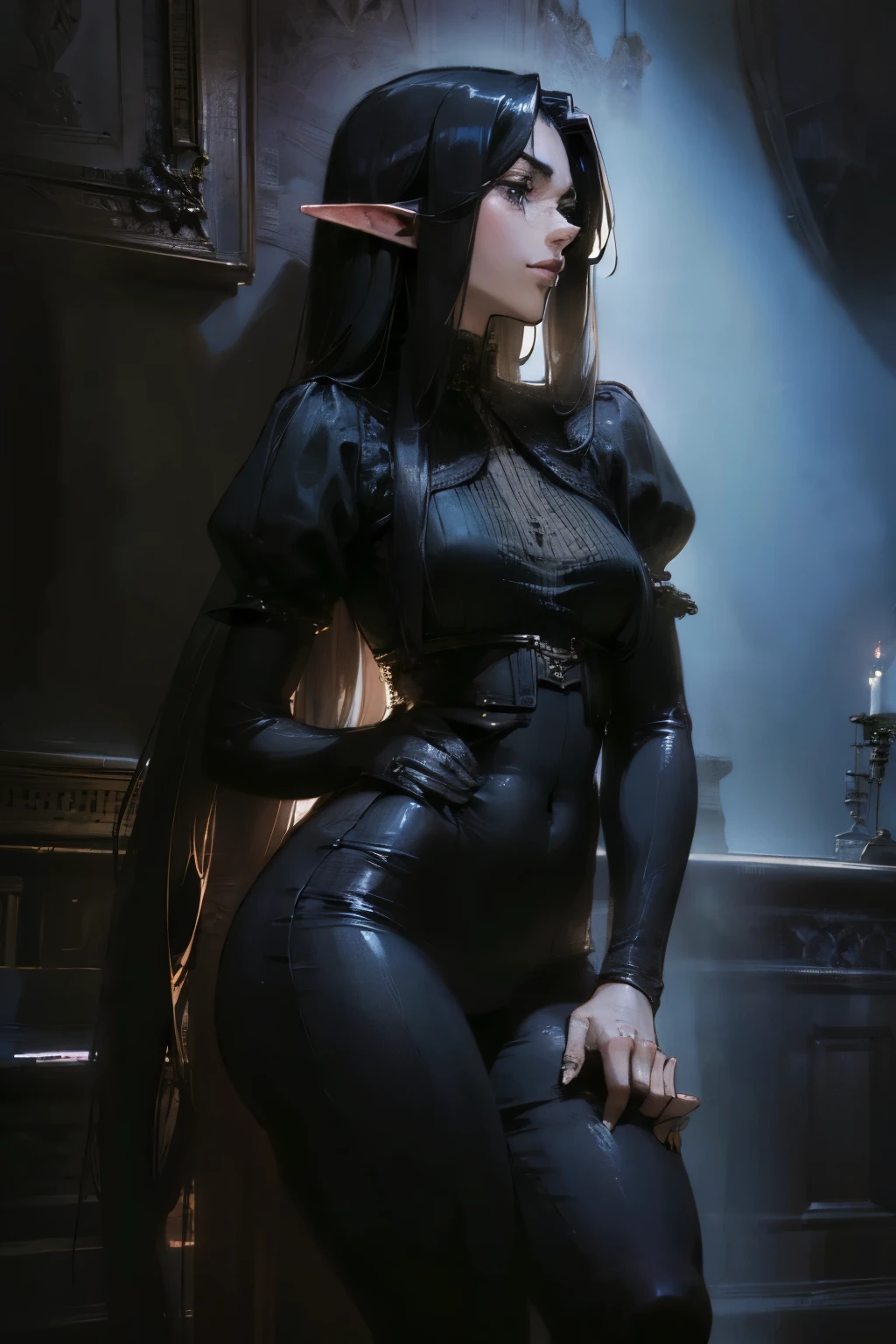 solo, (sophisticated victorian dress:1.0), ((masterpiece)),((high resolution)),((best quality)), extremely fine and beautiful, super fine illustration, (realistic skin), (insanely detailed anime eyes), milf, vivid and beautiful, shocking sensation, incredibly detailed, beautiful detailed girl, supple breasts, front view, facing at viewer, black hair, (elf), medium long elf ears, (see-through:0.5), covered, ((black hair)), (very long hair), profile, small plump breasts, plump thighs, wide hips, movie lighting, perfect shadow, realistic lighting shaded