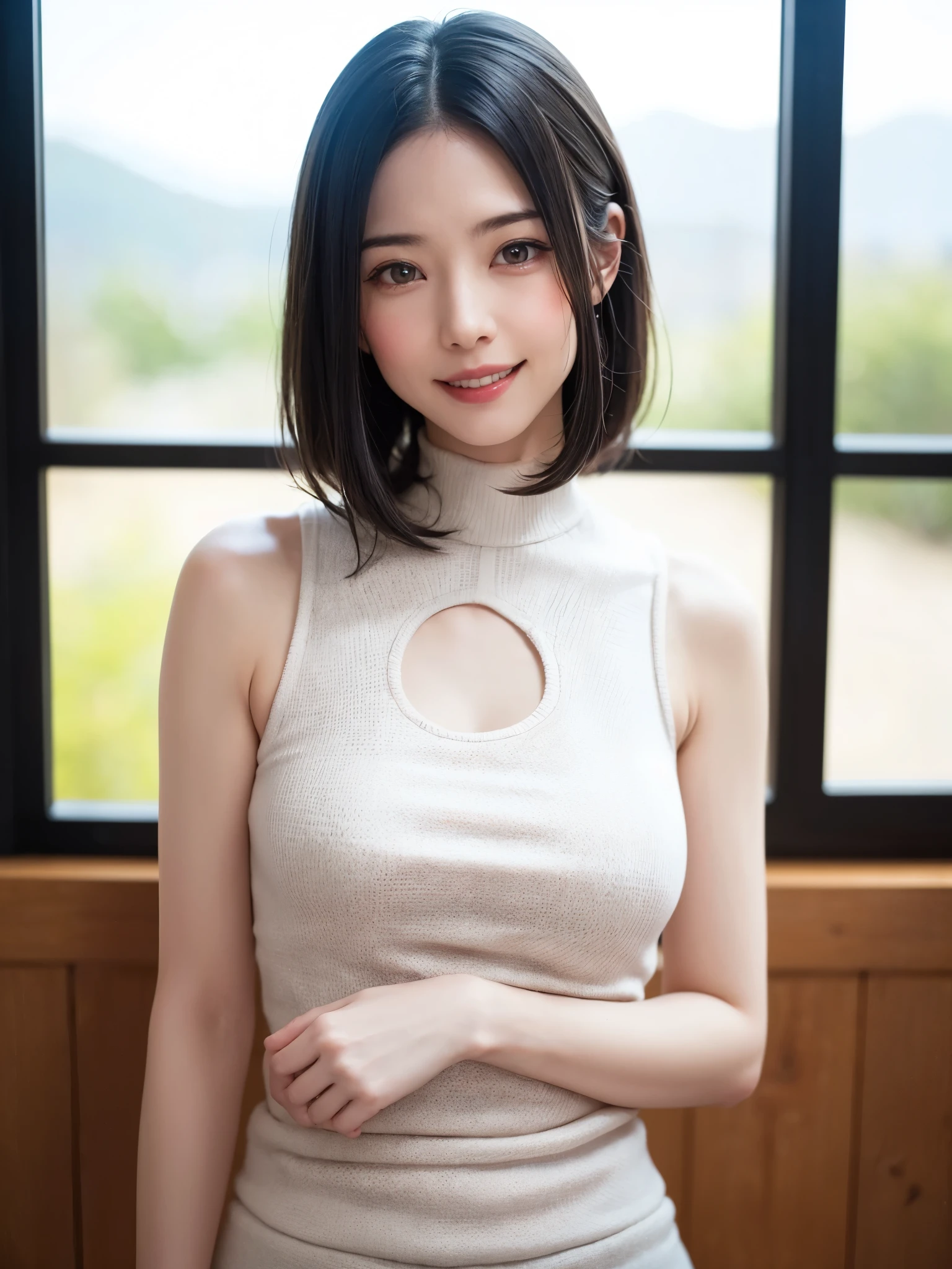 (masutepiece, top-quality、face focus focus、Armpit focus、navel focus、decolletage focus、underboob、Very attractive beauty、Add intense highlights to the eyes、Look firmly at the camera:1.4、A beautiful woman full of charm、Ideal ratio body proportions、Perfect Anatomy、Brunette Short Bob Hair、Lustrous hair、bangss:1.4、46 point 光沢のあるbangss:1.4、lipgloss),1girl in, report, Light brown shiny hair, muffler,realisitic, looking at the viewers、Tilt your head slightly, Bright colored crystal light blue eyes, short shiny hair、 White turtleneck outfit with a hole in the center of the chest,Sexy white turtleneck knit sweater with a round hole in the middle of the chest、 s lips, lipgloss, The upper part of the body、big eye、Lashes、A little red in the face、Embarrassing)、((Italian winter window scenery))、((short hair with big eyes、Put very strong highlights in your students、{Gigantic|Big|Huge|Mega} breasts:1.4、beautiful deep valley、very Bigger breasts:1.4、gazing at viewer、Very beautiful beauty、Put your ears out、Long and beautiful Zhu Lake 1.4、、smil、Happy:1.4、Beautiful teeth、Open your mouth and laugh、Very cute smile、Heart-shaped pupil))、28 year old、Very cute supermodel、(((bangss、光沢のあるbangss)))