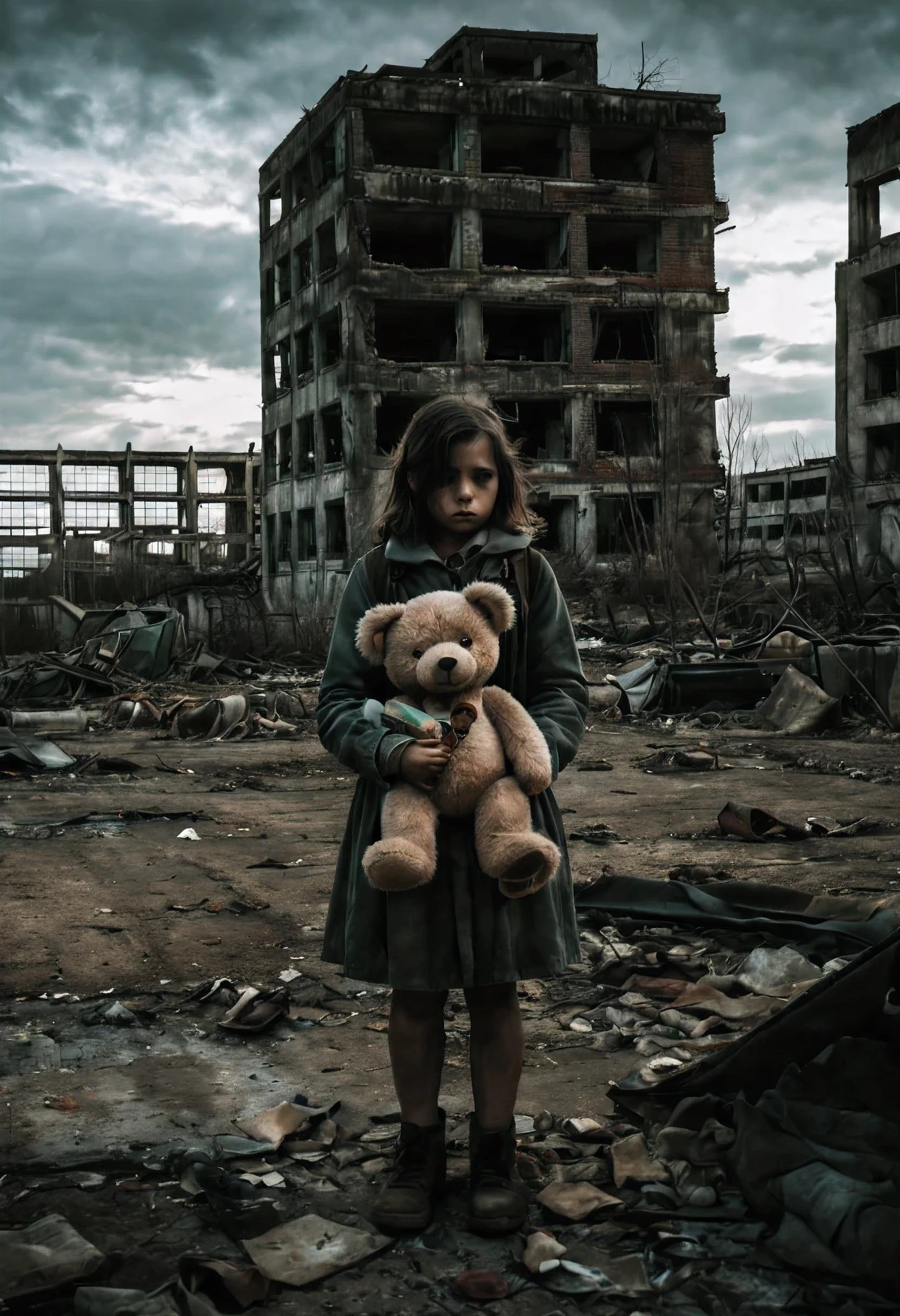 A lonely girl, holding a teddy bear, stands in a nuclear wasteland. The once thriving city now lies in ruins, with crumbling buildings and abandoned vehicles scattered amidst the desolation. Nature has started to reclaim the territory, with plants growing through cracks in the concrete and vines wrapping around the decaying structures. The atmosphere is eerie, with a sense of loneliness and despair hanging in the air. The scene is bathed in a dark and moody light, emphasizing the post-apocalyptic setting. The girl's expression reflects her loneliness and the weight of the world she carries on her shoulders. The teddy bear she clings to provides her with some comfort in this unforgiving world. The colors are muted, with a desaturated and faded palette, further enhancing the desolate mood of the scene