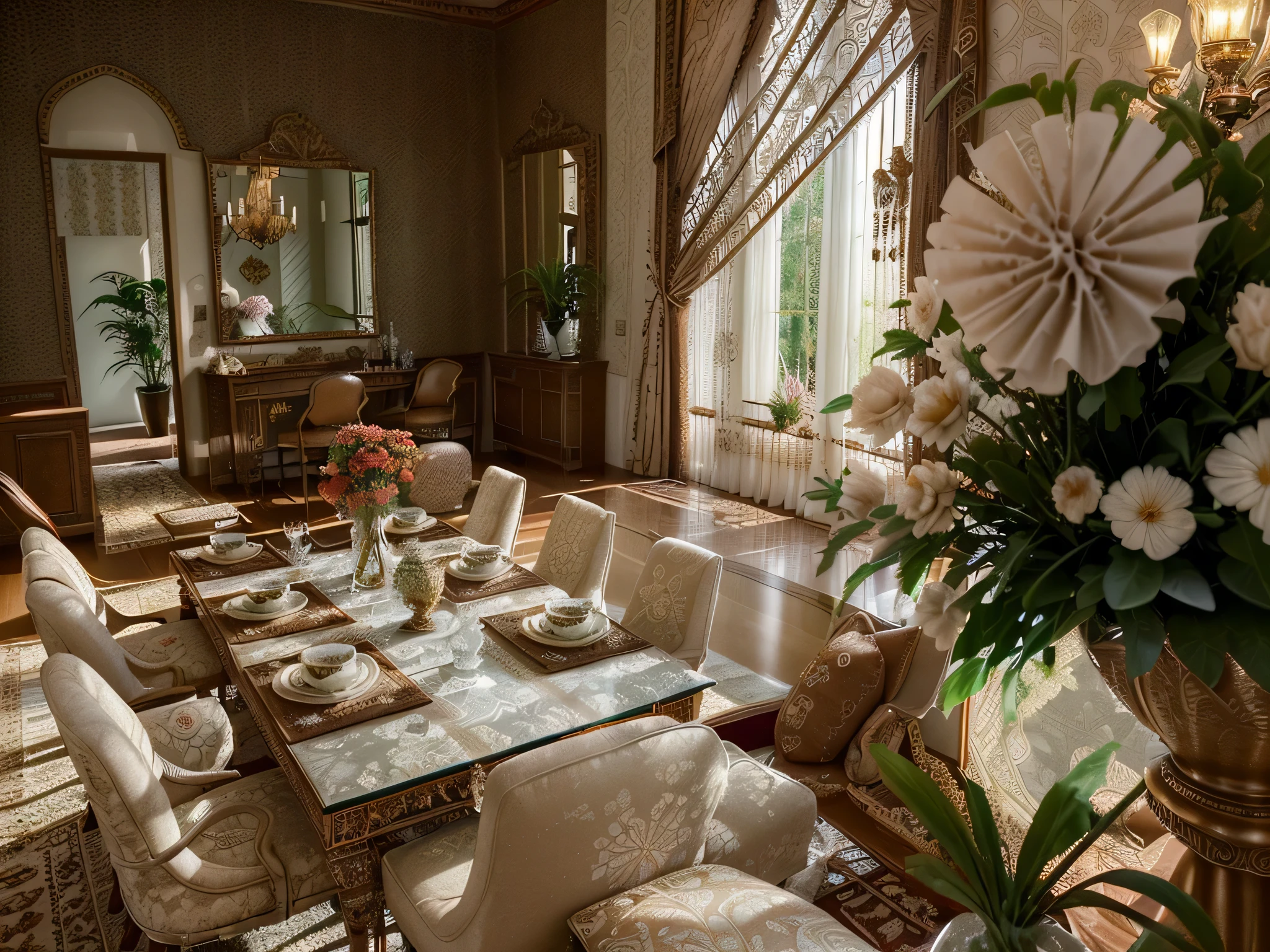 The ceiling is designed to be high and embellished with traditional details such as floral patterns, creating an elegant and charming atmosphere. The main wall often utilizes deep colors like red, dark green, or brown to accentuate the space. Classic paintings, fabric panels, or antique mirrors hung on the wall also add sophistication and refinement. The furniture comprises sofas and cushioned chairs crafted from premium materials and adorned with traditional floral patterns. A luxurious wooden coffee table with exquisite details or intricately carved floral motifs is chosen. Seating areas are creatively arranged to offer both comfort and functionality to the occupants. Natural light is embraced through large windows, creating a magnificent natural tableau within the room. Ornate chandeliers or decorative lights with a classic design, such as crystal pendant lamps or chandeliers, serve as focal points, enhancing the room's opulent beauty. Additionally, the use of decorative items like throw pillows, area rugs, or traditional patterned décor elements such as antique ceramics, handmade crafts further enriches the beauty and complexity of the living room space.