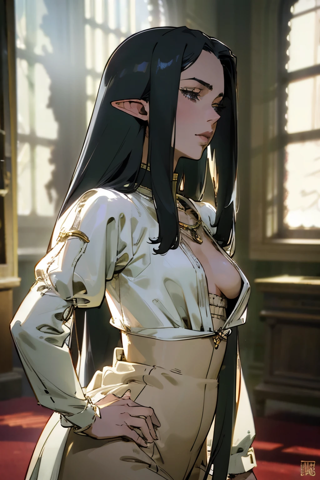 solo, (sultry renaissance dress:1.0), ((masterpiece)),((high resolution)),((best quality)), extremely fine and beautiful, super fine illustration, (realistic skin), (insanely detailed anime eyes), milf, vivid and beautiful, shocking sensation, incredibly detailed, beautiful detailed girl, supple breasts, front view, facing at viewer, black hair, (elf), medium long elf ears, (see-through:0.5), covered, ((black hair)), (very long hair), profile, small plump breasts, plump thighs, wide hips, movie lighting, perfect shadow, realistic lighting shaded