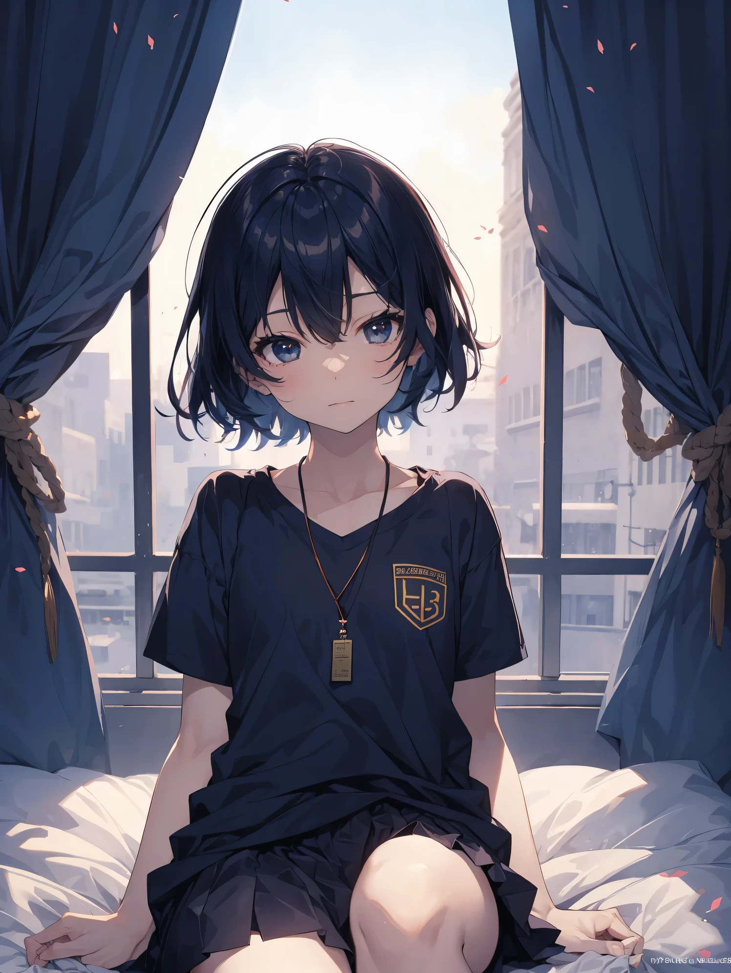 Super high quality by the art god, Ultra-detailed, High resolution, Gwise Style, anime moe art style, best anime 8K konachan wallpaper, Pixiv Contest Winner, Perfect Anatomy,BREAK,(sitting on a bedいる女の子の絵を描いてください ),BREAK, a hyperrealistic schoolgirl, (Solo,Lori,,13yea:1.3),Full limbs, complete fingers,a junior gynous attraction, (Very short hair), hair messy, flat chest, Small butt, groin, Small eyes,Beautiful detailed black eyes, Well-proportioned iris and pupils, High resolution detailed hair, School uniform, Skirt, sitting on a bed, BREAK,Ultra-detailed細なスキン, Best lighting by famous artists, 8K, Cute illustration.