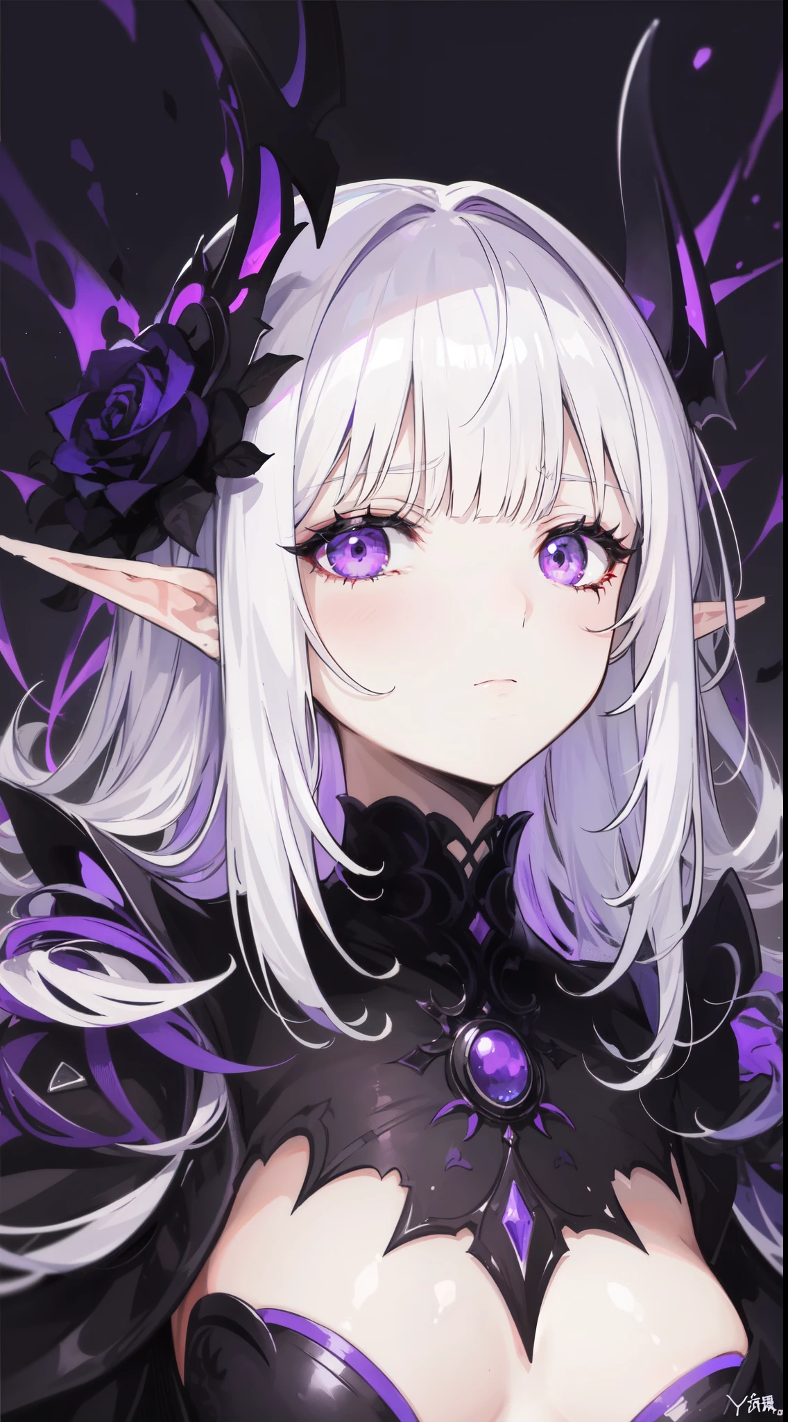 ((best quality)), ((masterpiece)), (detailed), perfect face, a woman dark elf who is a chaos knight, (design by Yoshitaka Amano:1.3), (corrupted:1.2), (rose in hands:1.1), (mysterious:1.25), (elegant:1.15), (dangerous:1.3), (dark and misty background:1.2), (intriguing:1.1), (purple and black colors:1.3), (sharp focus:1.2), (powerful:1.25), (sorrowful expression:1.3), (fantasy:1.2), BREAK, highly detailed of (dark elf), (1girl), solo, perfect face, details eye, Blunt bangs, (hair between eye), white hair, violet eyes,