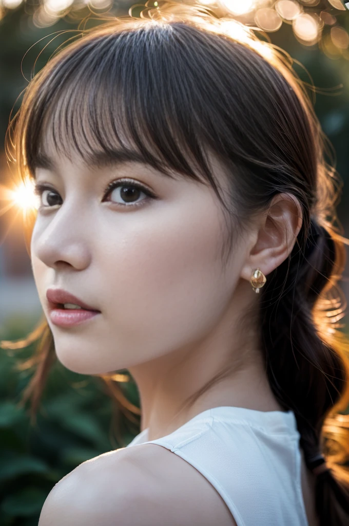 (Photoreal Stick:1.5, masutepiece:1.5, 8K), (top-quality, masterpiece, 超A high resolution), (Face Sharp Focus:1.45), Professional camera work:1.25, Highly detailed skin and facial texture:1.3, Grow Light Effect, The ultra-detailliert:1.3, 1girl in, Fair skin, (Sense of clarity:1.5), Small face, Extremely beautiful face:1.4, Sense of clarityを感じる目:0.9, looking distantly, Enraptured look:1.0, i love you completely:0.8, slightly open mouth:0.4, Sense of clarityを感じる口当たり:0.7, 二重まぶた, Dark brown medium hair, necklace and earrings, looking at viewert, (sunrises, Light sunlight:1.3, sunlight shining from behind:1.3, Pale sunlight spreads across the screen:1.5), (The woman looks hazy because of the bright light.:1.5), (reflect light onto the lens:1.4)