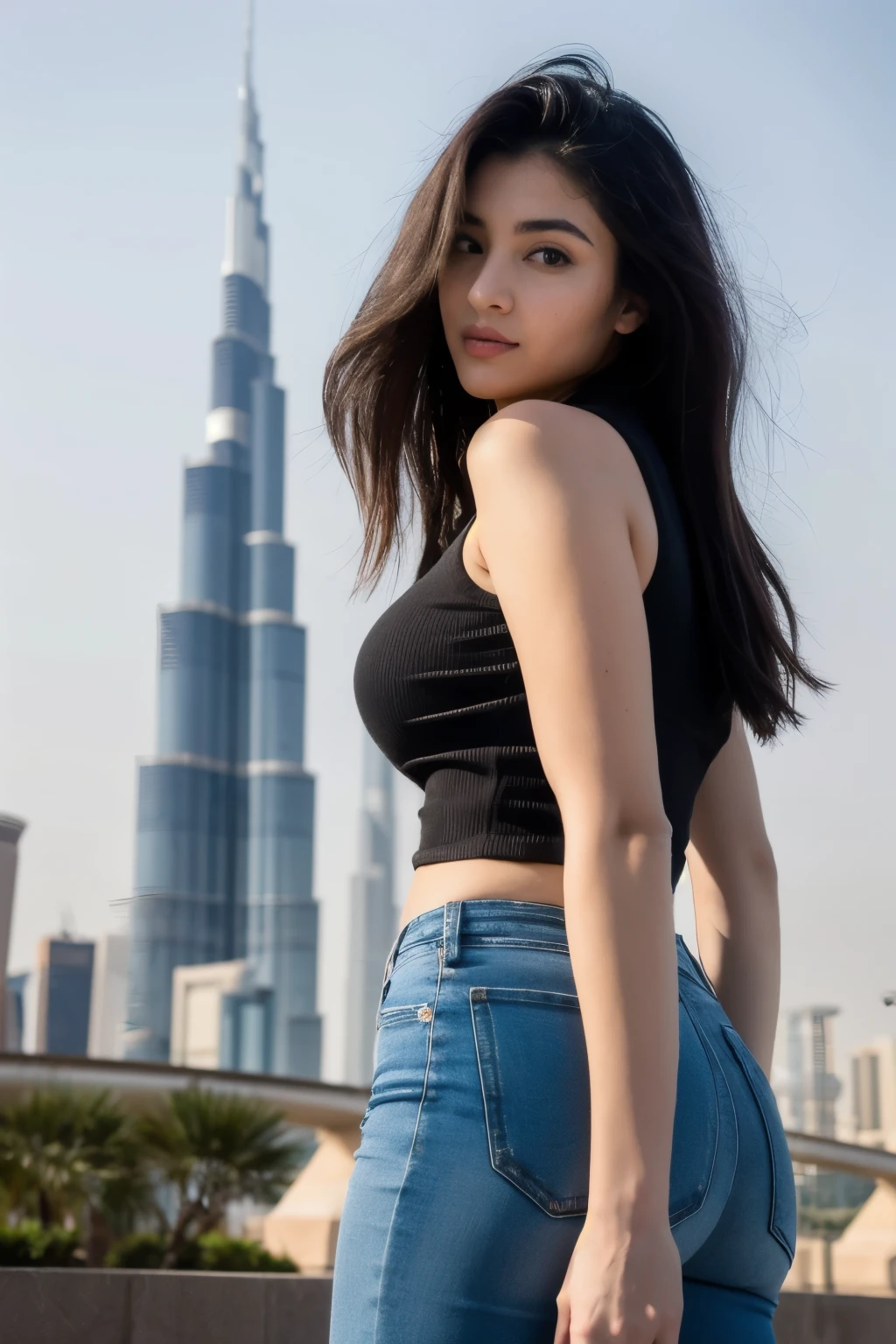 ((best quality)), ((masterpiece)), (detailed), perfect face
beautiful Arabic woman, wearing a black sleeveless top and blue jeans, UHD face, big breasts, standing in front of Burj Khalifa