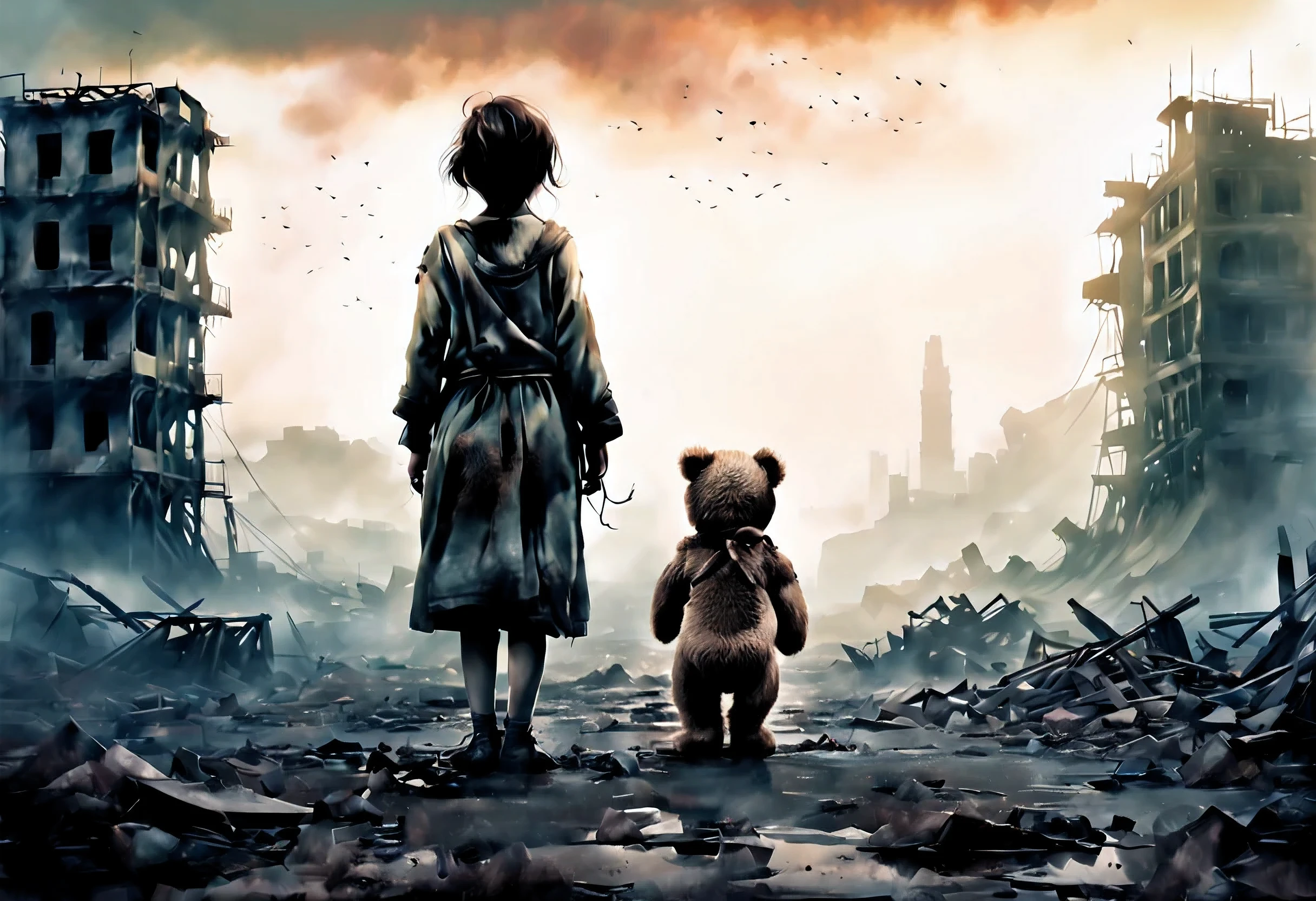 A lonely girl, holding a teddy bear, stands in a nuclear wasteland. The once thriving city now lies in ruins, with crumbling buildings and abandoned vehicles scattered amidst the desolation. Nature has started to reclaim the territory, with plants growing through cracks in the concrete and vines wrapping around the decaying structures. The atmosphere is eerie, with a sense of loneliness and despair hanging in the air. The scene is bathed in a dark and moody light, emphasizing the post-apocalyptic setting. The girl's expression reflects her loneliness and the weight of the world she carries on her shoulders. The teddy bear she clings to provides her with some comfort in this unforgiving world. The colors are muted, with a desaturated and faded palette, further enhancing the desolate mood of the scene