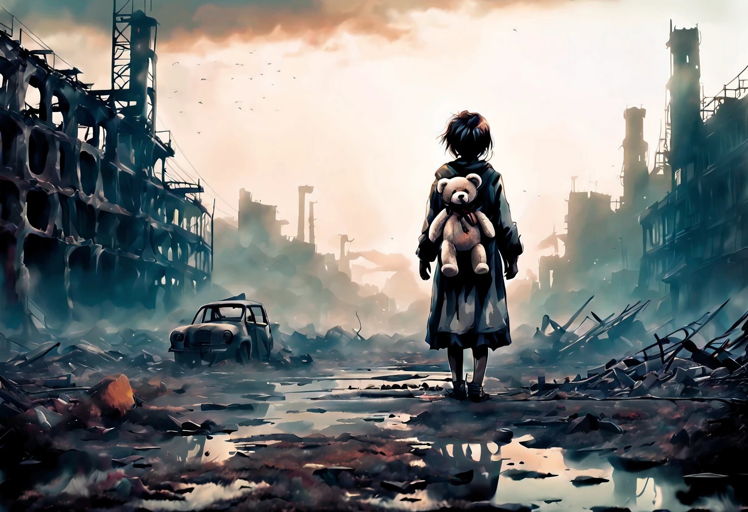 A lonely girl, holding a teddy bear, stands in a nuclear wasteland. The once thriving city now lies in ruins, with crumbling buildings and abandoned vehicles scattered amidst the desolation. Nature has started to reclaim the territory, with plants growing through cracks in the concrete and vines wrapping around the decaying structures. The atmosphere is eerie, with a sense of loneliness and despair hanging in the air. The scene is bathed in a dark and moody light, emphasizing the post-apocalyptic setting. The girl's expression reflects her loneliness and the weight of the world she carries on her shoulders. The teddy bear she clings to provides her with some comfort in this unforgiving world. The colors are muted, with a desaturated and faded palette, further enhancing the desolate mood of the scene