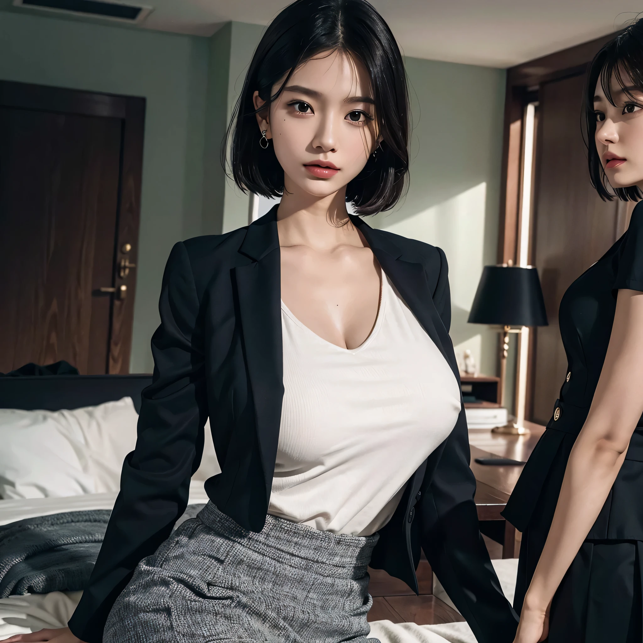 absurderes, Raw photo, Extremely delicate and beautiful, masutepiece, Best Quality, Ultra High Resolution, 16 K, hyper realisitic, Ultra-detailed, (Perfect Anatomy), super detailed skin, Perfect figure, Very detailed CG 8k wallpaper, in her 20s, Very slim body, Narrow waist, Very small head, Very small face, Delicate facial features, tear moles, Earring, thin legs, (very massive round chest), (3 girls), Short hair, Wavy Hair, (((Business Suit))),