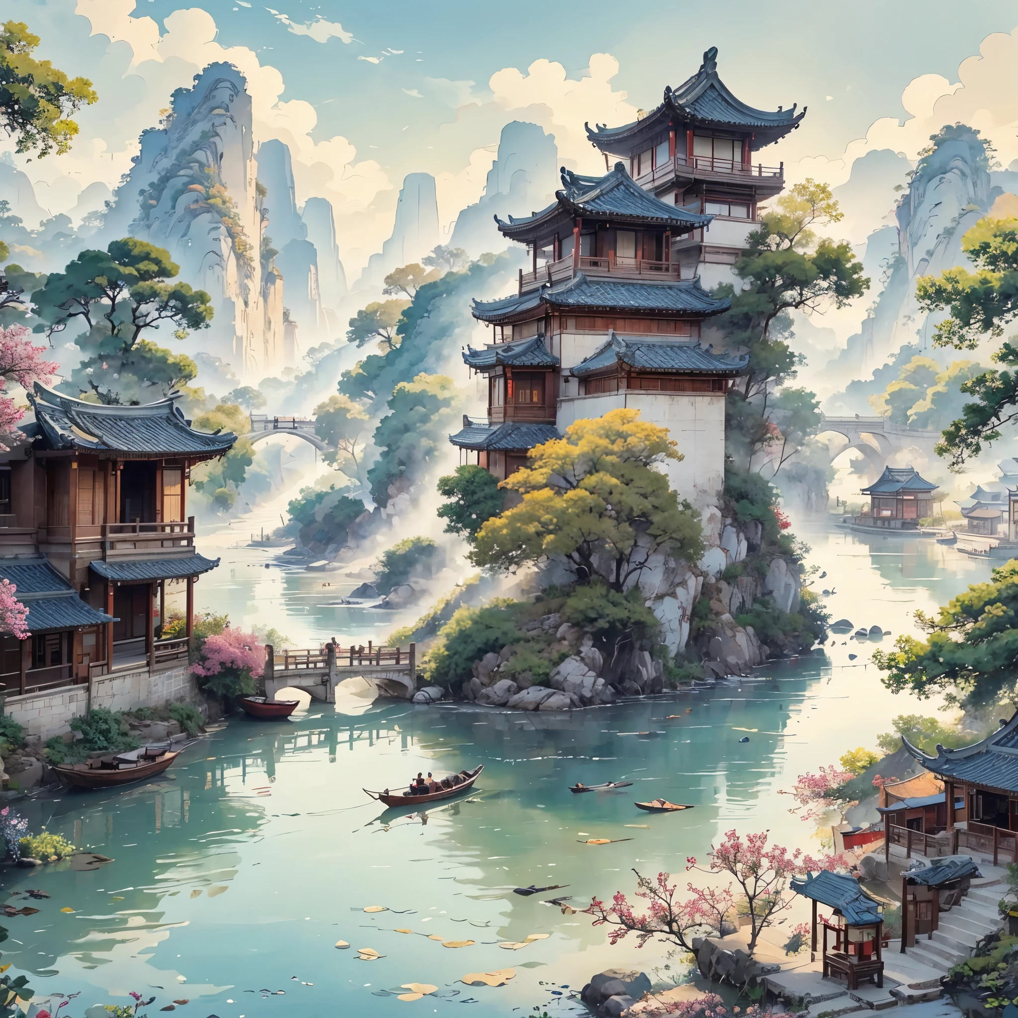 (vibrant with colors), (Semi-realistic), A vibrant riverside scene in ancient China, (Tranquil river water)Show on the(Elegant arch bridge)Oblivity, (Local villagers)'s(Picturesque residence), (Ming dynasty depiction:1.1), Jiangnan Ancient Town, Small bridges and flowing water, Peaceful farmland outside the bustling city, (Sunny morning:1.2), (fine brushwork:1.1), Dynamic depiction, Panorama of the water's edge, Authentic atmosphere, Vivid authenticity, mesmerizing charm, Rich picture, 8K分辨率, 1.4x realism, Art Deco, projected inset, Sony FE , Wide-Angle, super detail, best quality, highres