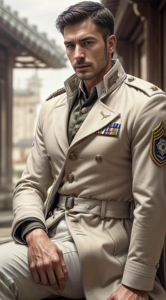 (Best quality at best,フォトリアリスティック),(Dark,feels) Young person, One guy,detailed black eyes, French-German man in uniform standing in front of building, ((There is a big wolf dog))fully clothed, in a soldier uniform'white uniform, Inspired by Zhang Sengyao, in a soldier uniform'white uniform,, in a soldier uniform'white uniform, empire team, in a soldier uniform'white uniform, Dressed in royal gear, in a soldier uniform'white uniform, Inspired by Yasuyu Oka, Italian man wearing old white military uniform,Wearing a white trench coat,。Dark skin., ((Very much!)), ((Unintentionally exposing chest muscles))Handsome male, Handsome chad chin, Handsome and attractive, Handsome and elegant, Handsome man, Sexy masculine, masculine and Handsome, , Handsome, Attractive posing, attractive male, Attractive man,40-year-old man!Close-up portrait!Lift your little head,Kominan wearing a white military coat(closeup portrait!))showing off his hairy pecs。(Show hairy chest muscles),),(short mustache),Wear military uniforms,Wearing without buttons!Show hairy chest muscles),),(使用short mustache领,)headspace!Charming and serious look,(Handsome男人,sitting down,poorly dressed,Perfect body anatomy,Beautiful man face detail,perfect foot,perfect hand!Ultra-low angle shooting!!