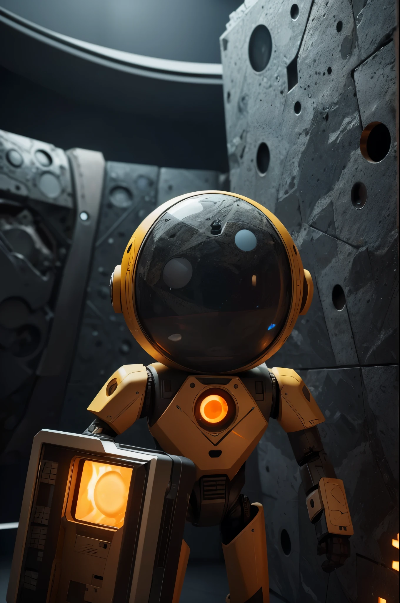 A Modern flat toon Crazy whit a Only Eye Robot, with shield tongs in hands, Tv head, pinhead, camouflage Light red Yellow White Rusty, Ambient in a meteorite crater super detailed, center, beautiful, soft lighting, focused on the character, 4K resolution, photorealistic rendering.