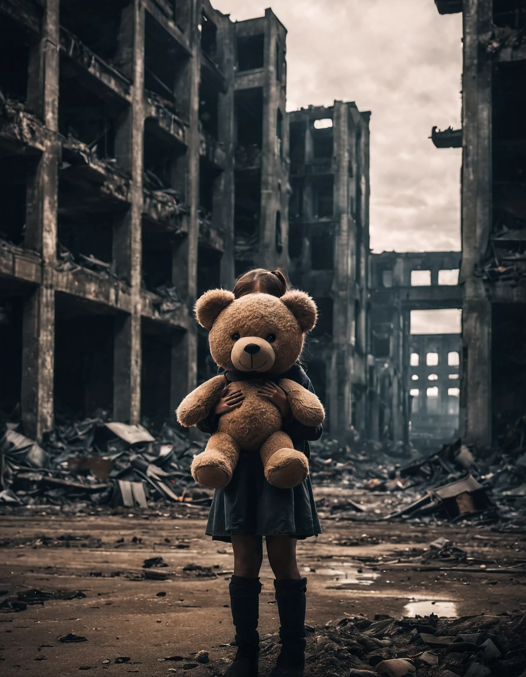 A lonely girl, holding a teddy bear, stands in a nuclear wasteland. The once thriving city now lies in ruins, with crumbling buildings and abandoned vehicles scattered amidst the desolation. Nature has started to reclaim the territory, with plants growing through cracks in the concrete and vines wrapping around the decaying structures. The atmosphere is eerie, with a sense of loneliness and despair hanging in the air. The scene is bathed in a dark and moody light, emphasizing the post-apocalyptic setting. The girl's expression reflects her loneliness and the weight of the world she carries on her shoulders. The teddy bear she clings to provides her with some comfort in this unforgiving world. The colors are muted, with a desaturated and faded palette, further enhancing the desolate mood of the scene