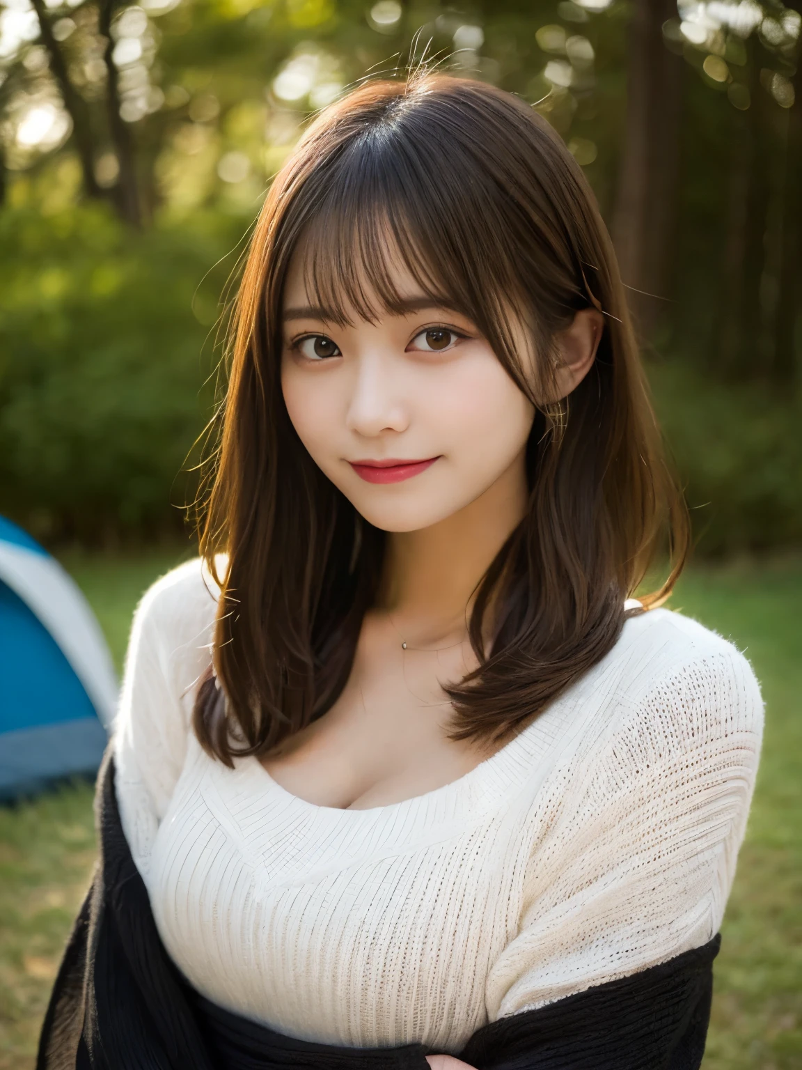 masutepiece, Best Quality, Illustration, Ultra-detailed, finely detail, hight resolution, 8K Wallpaper, Perfect dynamic composition, Beautiful detailed eyes, she is wearing a black long sleeve knit,Medium Hair,Natural Color Lip, Bold sexy poses,Smile,Harajuku、20 years girl、Cute、Sexy shot looking at camera、C Cup、Brown hair、cacique#39;s face、Blurred night mountain campsite bonfire background
