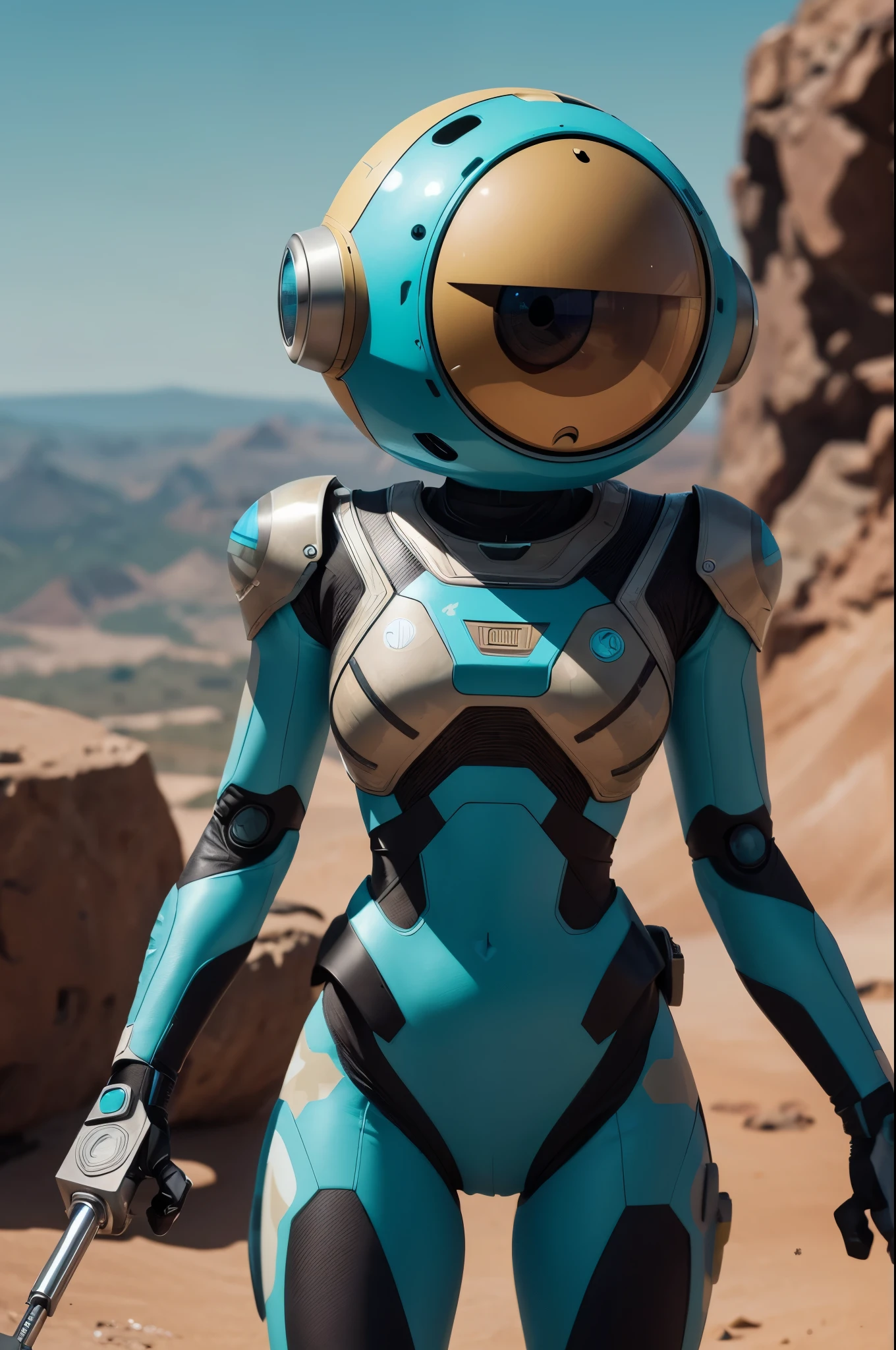 A Modern flat toon Crazy whit a Only Eye Robot, with shield tongs in hands, Tv head, pinhead, camouflage cyan Yellow White Rusty, Ambient in a meteorite crater super detailed, center, beautiful, soft lighting, focused on the character, 4K resolution, photorealistic rendering.