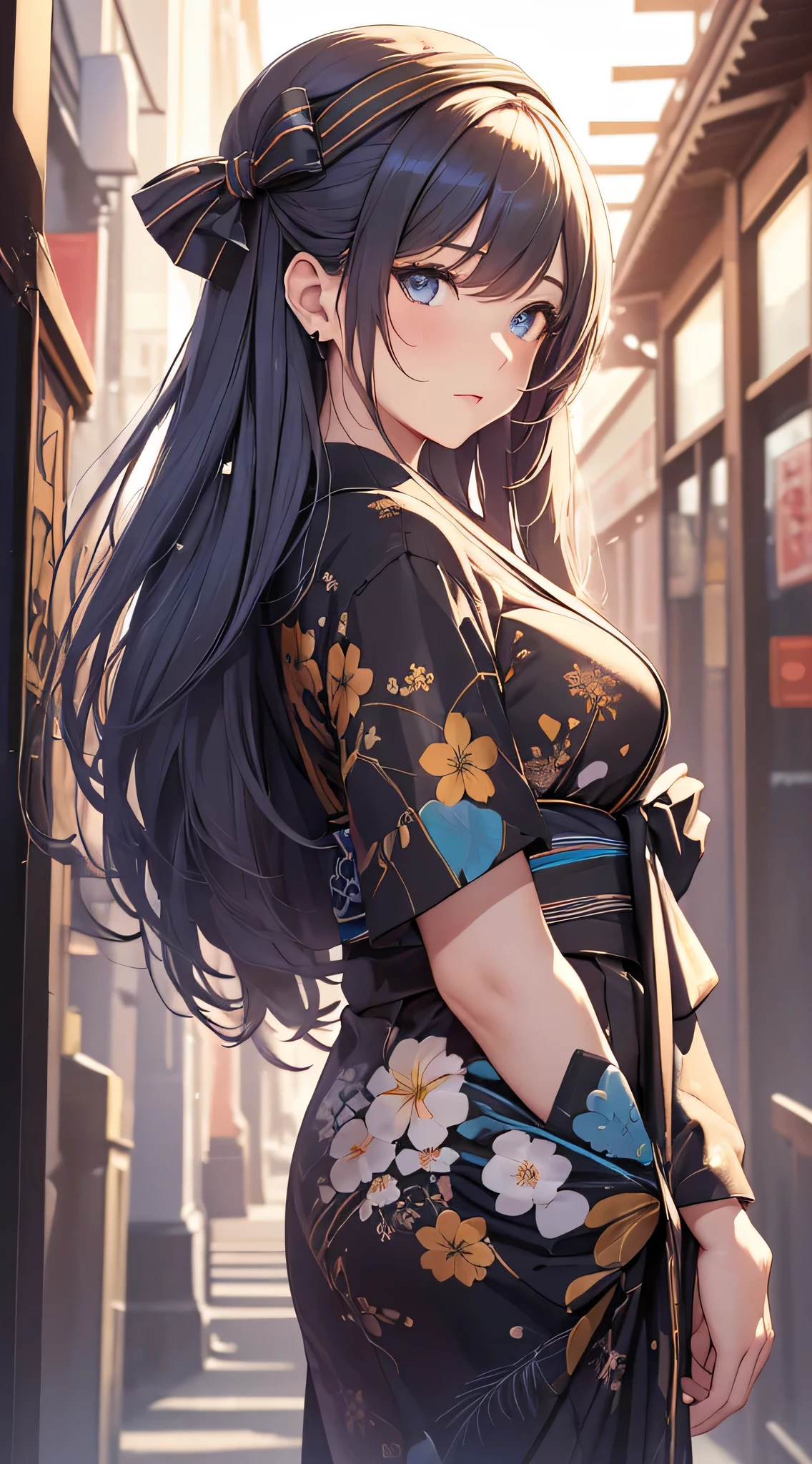 (highest quality:1.2, Very detailed, Latest, Vibrant, Ultra-high resolution, High Contrast, masterpiece:1.2, highest quality, Best aesthetics), (((1 girl))), From the back, big dragon tattoo on back, Tattoo on back,, Beautiful back, Pull up your hair, Nape, Detailed tattoo representation, Colorful tattoo dragon, Fine image, wearing kimono, The kimono is fluttering, Beautiful Skin, (Detailed Eye Expression:1.2), Beautiful woman looking back, Standing, Cowboy Shot, Black Hair, Long Hair, Dutch Angle, Full Body Shot.