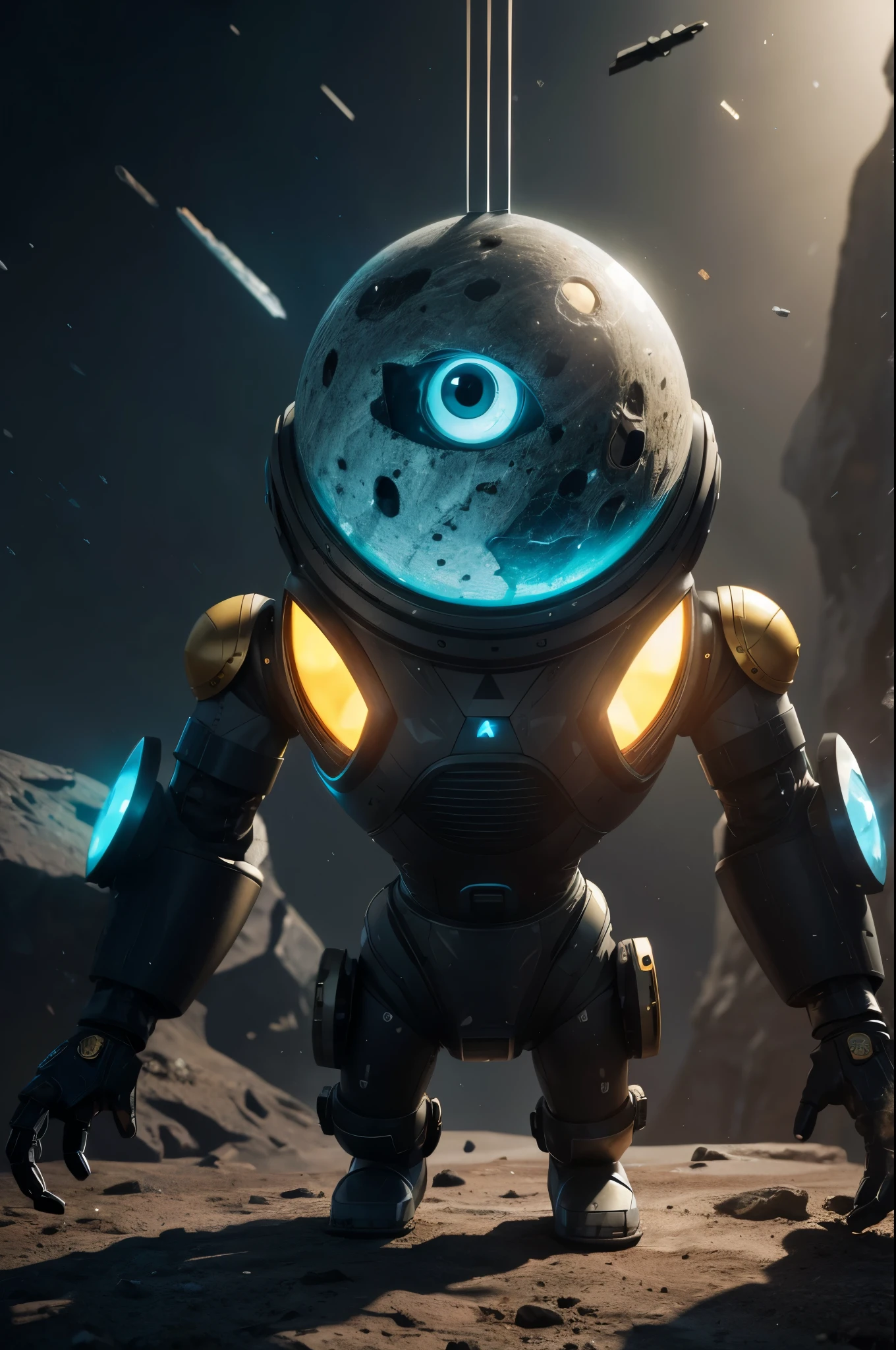 A Modern flat toon Crazy whit a Only Eye Robot, with shield tongs in hands, Tv head, pinhead, camouflage cyan Yellow White Rusty, Ambient in a meteorite crater super detailed, center, beautiful, soft lighting, focused on the character, 4K resolution, photorealistic rendering.