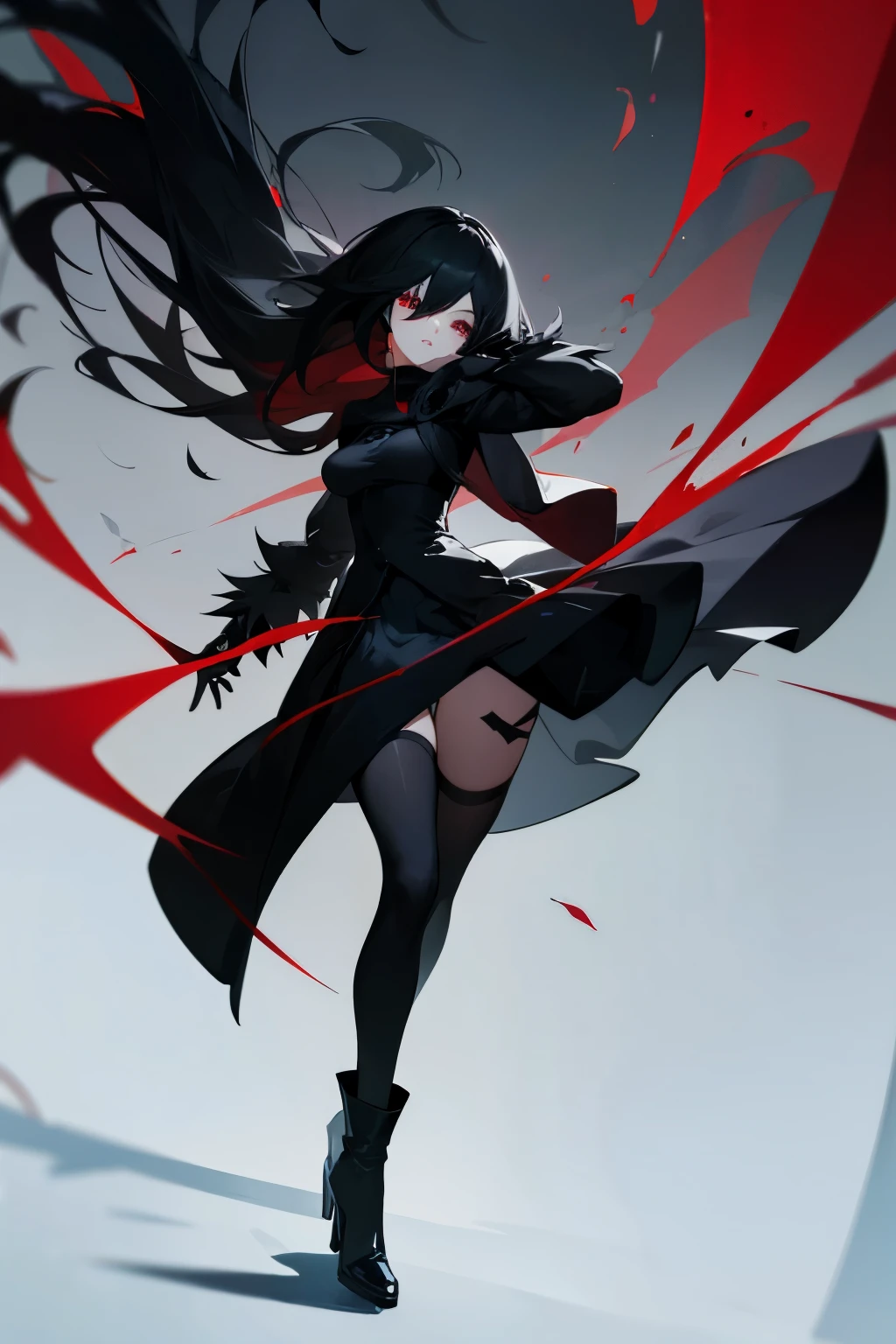 8K, Best Quality, 1girl, YoRHa, android, graceful, red eyes, black long hair, long black coat, black heels, black socks, beautiful.