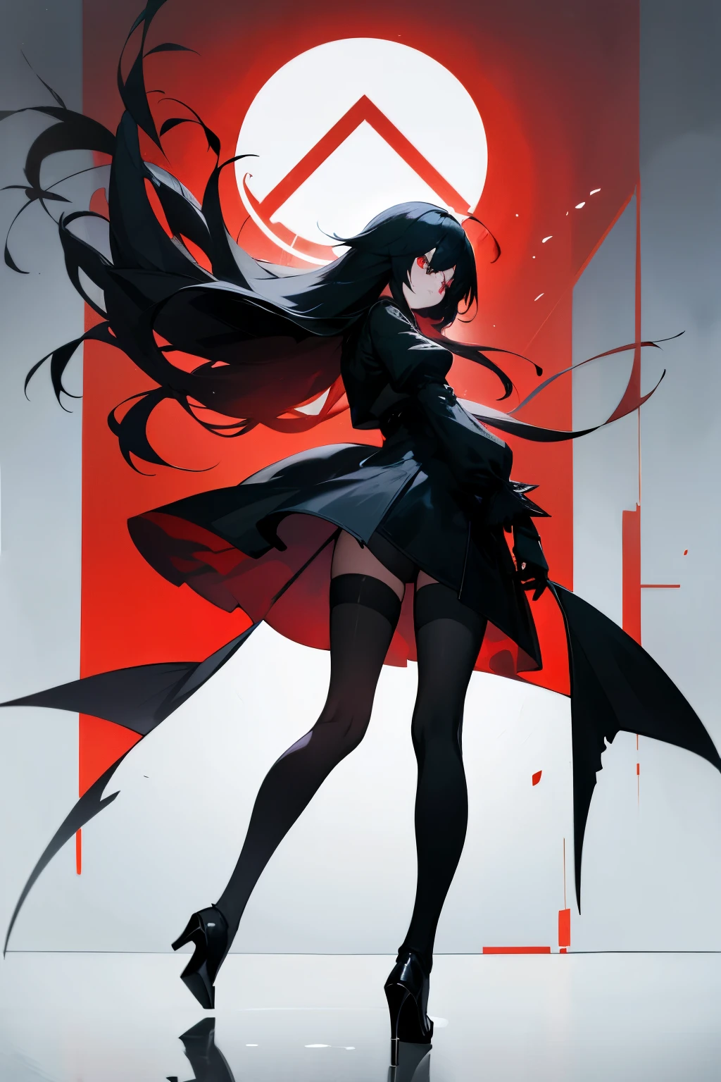 (masterpiece, best quality), 1girl, 16yo, realistic, black dress, red tie, goth, (white panties), panties over pantyhose, upskirt, (red electric guitar), standing, vibrant colors, abstract background, lines geometric, night, dark theme, high contrast, deep shadows