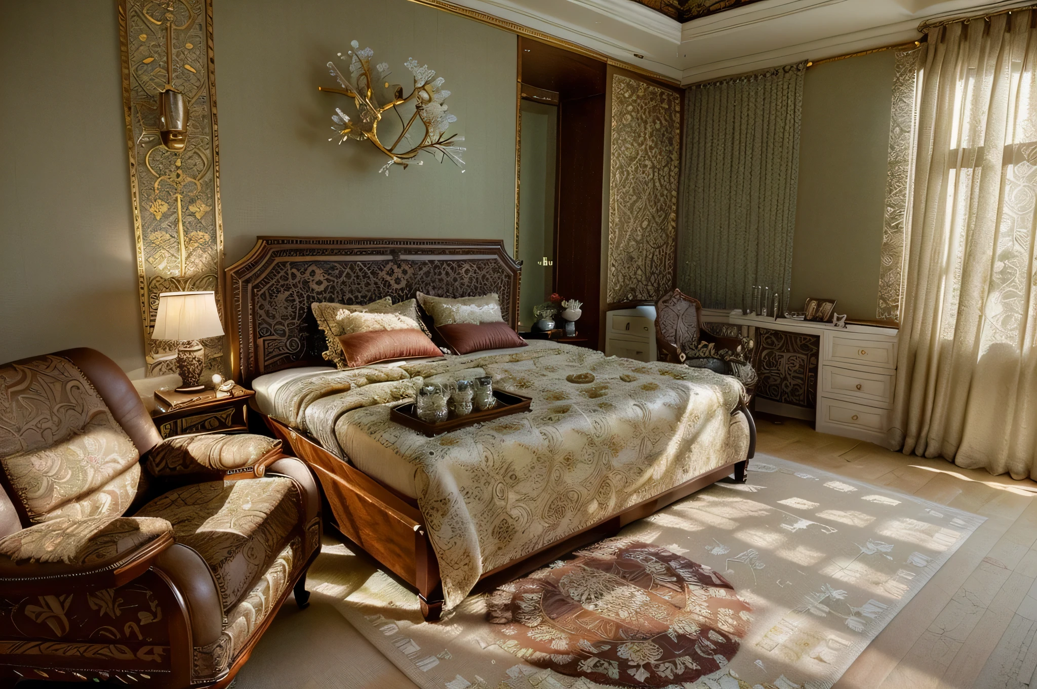 The ceiling is designed to be high and embellished with traditional details such as floral patterns, creating an elegant and charming atmosphere. The main wall often utilizes deep colors like red, dark green, or brown to accentuate the space. Classic paintings, fabric panels, or antique mirrors hung on the wall also add sophistication and refinement. The furniture comprises sofas and cushioned chairs crafted from premium materials and adorned with traditional floral patterns. A luxurious wooden coffee table with exquisite details or intricately carved floral motifs is chosen. Seating areas are creatively arranged to offer both comfort and functionality to the occupants. Natural light is embraced through large windows, creating a magnificent natural tableau within the room. Ornate chandeliers or decorative lights with a classic design, such as crystal pendant lamps or chandeliers, serve as focal points, enhancing the room's opulent beauty. Additionally, the use of decorative items like throw pillows, area rugs, or traditional patterned décor elements such as antique ceramics, handmade crafts further enriches the beauty and complexity of the living room space.