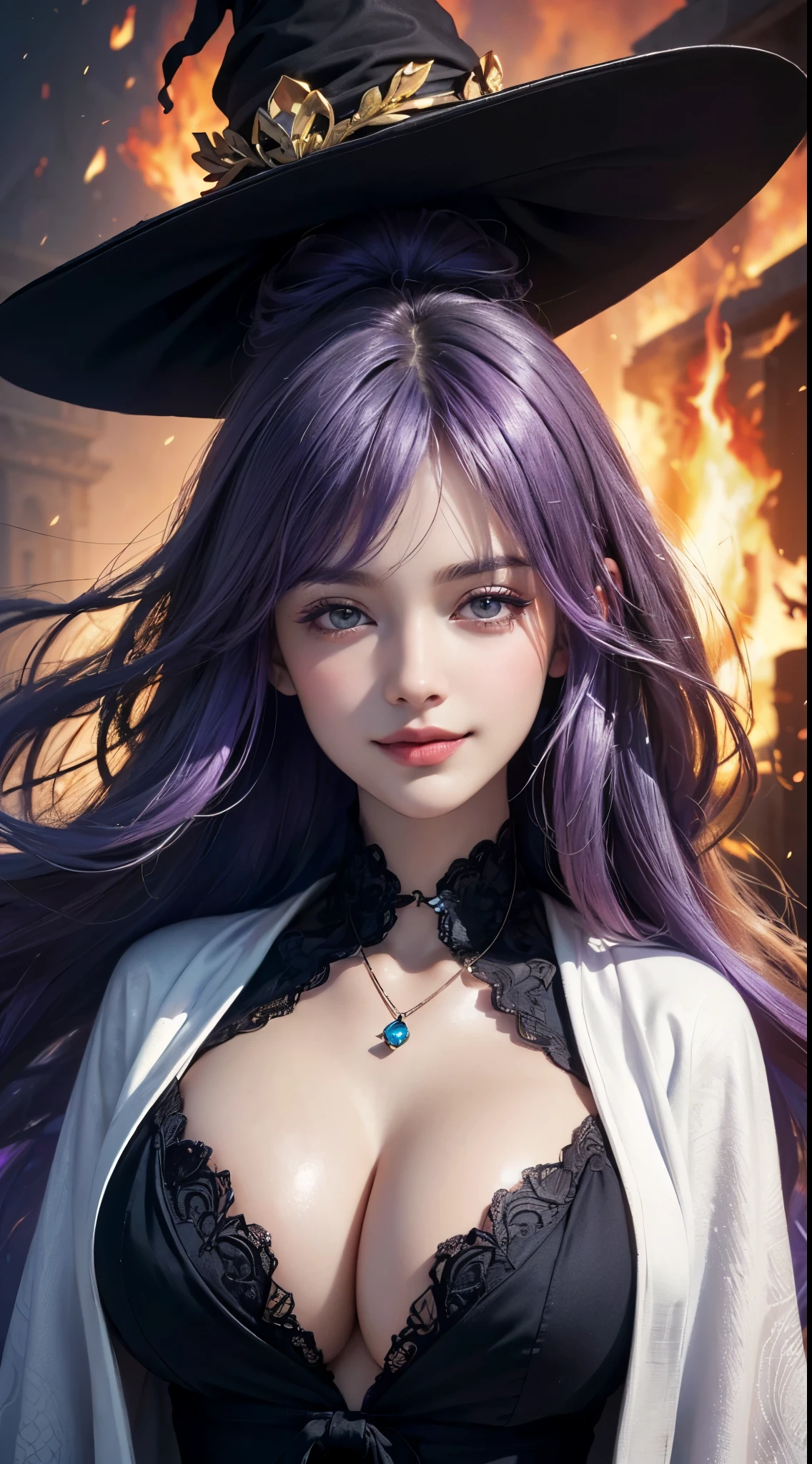 (UHD, retina, masterpiece, accurate, anatomically correct, textured skin, super detail, high details, high quality, best quality, high res, 1080P, HD, 4K, 8k, 16k), (beautiful detailed eyes, beautiful detailed lips, extremely detailed eyes and face), soft lighting, physically-based rendering, vivid colors, (((large breasts:1.6))), (witch hat, black robe, pendants), (portrait, shiny hair, shiny skin, blush), (witch forest, bokeh), eye reflection, (smirk:1.5), (purple hair:1.2), (((fire magic, hair fluttering in the wind, robe swirling:1.2))),
