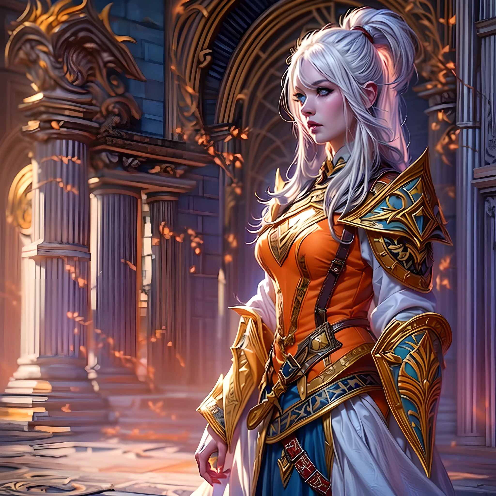 fantasy art, dnd art, RPG art, wide shot, (masterpiece: 1.4) portrait, intense details, highly detailed, photorealistic, best quality, highres, portrait a vedalken female (fantasy art, Masterpiece, best quality: 1.blue skin: 1.5)) #colored skin,  intense details facial details, exquisite beauty, (fantasy art, Masterpiece, best quality) cleric, (blue skin: 1.5) #colored skin, female, (white hair: 1.3), long hair, intense green eye, (fantasy art, Masterpiece, best quality) ((no ears: 1.6)), armed a fiery sword red fire, wearing heavy (white: 1.3) half plate mail armor CM-Beautiful_armor wearing high heeled laced boots, wearing an(orange :1.3) cloak, wearing glowing holy symbol GlowingRunes_yellow, within fantasy temple background, reflection light, high details, best quality, 16k, [ultra detailed], masterpiece, best quality, (extremely detailed), close up, ultra wide shot, photorealistic, RAW, fantasy art, dnd art, fantasy art, realistic art
