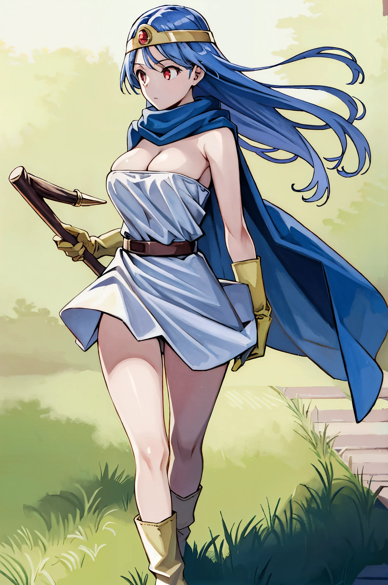 masutepiece, Best Quality, Ultra-detailed, Illustration, sage_(DQ3), 1girl in, (holding A staff, A staff:1.3), Solo, Long hair, Blue hair, circlet, Red Eyes, Normal udder, yellow gloves, White Dress, Belt bag, Cape, long boots, cleavage, Bare shoulders, Underwear, Standing, Full body, tussock, wind lift,  Background, white Background