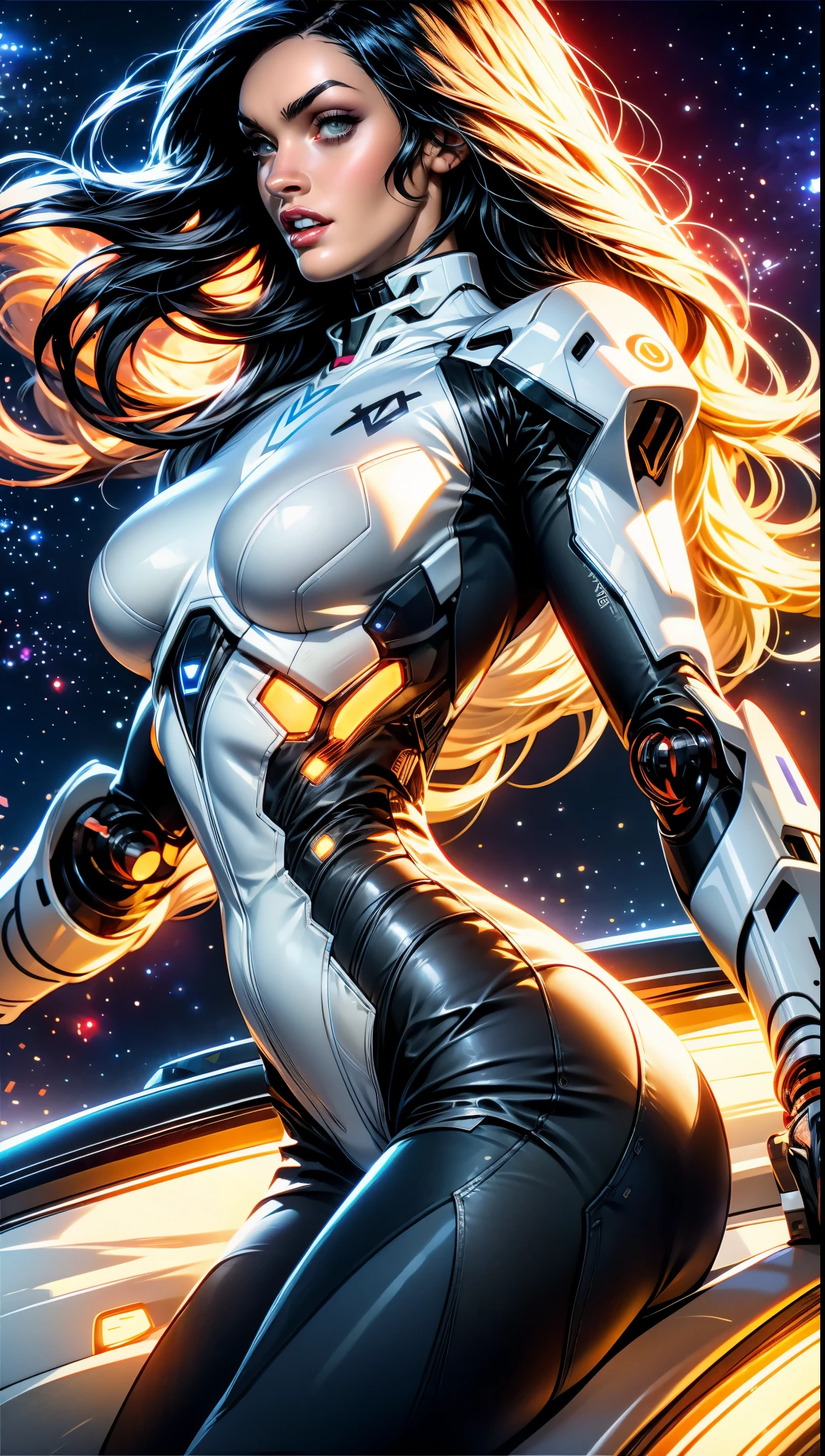 (1 girl), (megan fox:1.25), (skin tight cybernetic android mecha armor:1.25), (muscular female android:1.25), nijistyle, rfktr_technotrex, exploring planets, alien worlds, exotic locations, deep-space, unknown terrors, galactic nebulas, star studded cosmos, fcPortrait, HDR (High Dynamic Range), Ray Tracing, NVIDIA RTX, Super-Resolution, Unreal 5, subsurface scattering, PBR texturing, Post-processing, anisotropic filtering, Depth of field, Maximum clarity and sharpness, multilayer textures, specular and albedo maps, surface shading, Accurate simulation of light-material interaction, perfect proportions, Octane rendering, dual-tone lighting, ISO baixo, white-balance, rule of thirds, 8K RAW, sub-pixel convolution, luminescent particles,