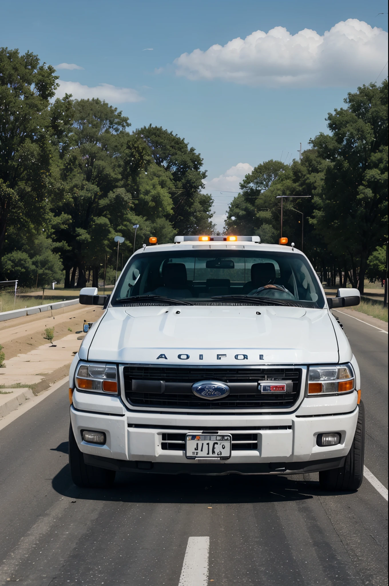 A flatbed tow truck with a white Ford SVT generation 1 and on the door of the tow truck a chubby man with a beard and black hair, black eyes and white skin on a road.