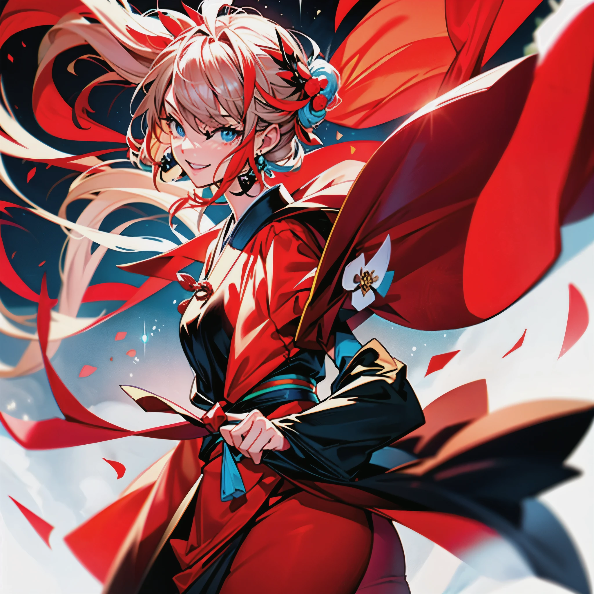 A smiling girl wearing a red kimono came to celebrate the New Year、hair is long、is fluttering in the wind、red team、The background is sparkly、Poster Color