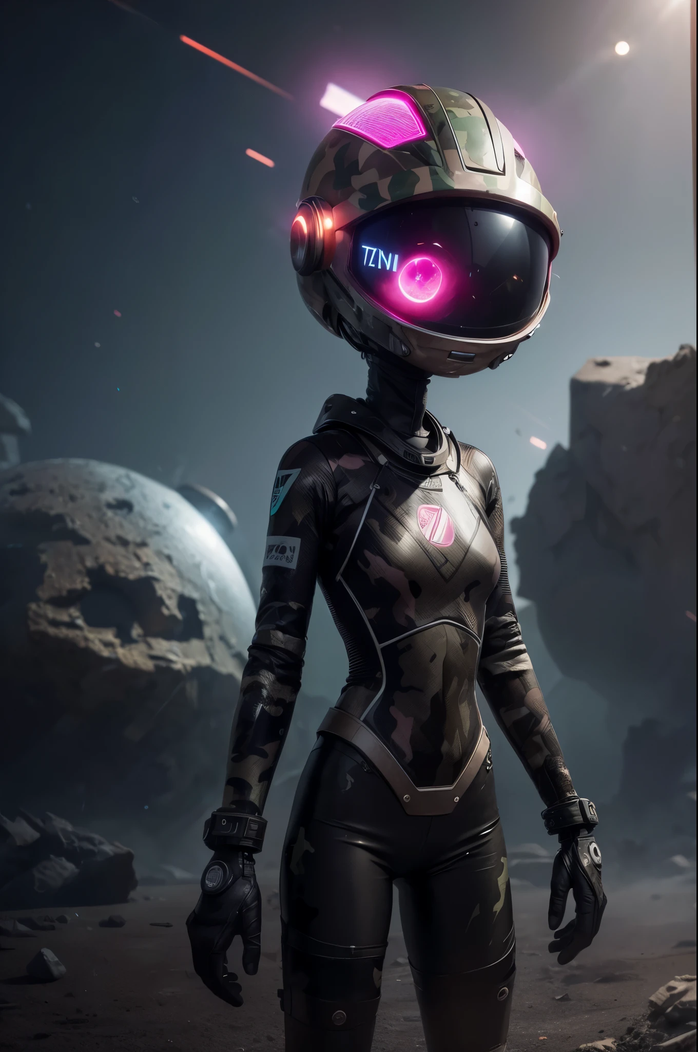 A Modern flat toon Crazy whit a Big ONE a Only Eye Robot and helmet Style, tongs in hands, Tv head, pinhead, camouflage PINK Rusty, Ambient in a meteorite crater super detailed, center, beautiful, soft lighting, focused on the character, 4K resolution, photorealistic rendering,