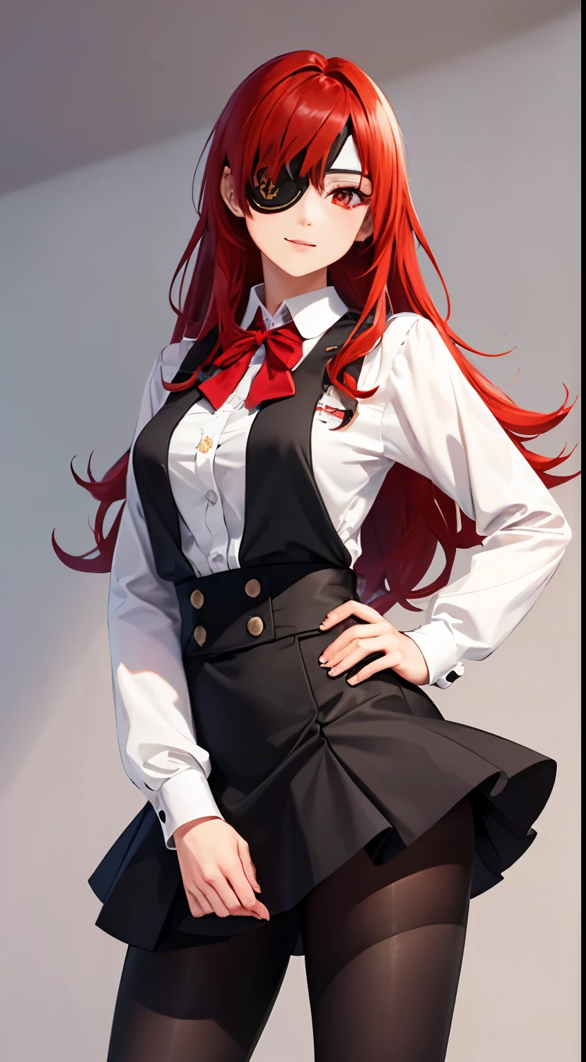 ((best quality)), ((masterpiece)), (detailed), perfect face, ((eyepatch:1.2)), (long hair:1.4), (red hair, red eyes:1.4), 1girl, solo, skirt, shirts, vest, legging, white shirts, Button-up shirts, black vest, smile, outdoors, black skirt, looking at viewer, black legging, rose pattern legging, long sleeves, bangs, ribbon, frilled skirt, frills, plaid, bow, Star shape eyepatch, gold eyepatch, standing, red ribbon, wide sleeves, hand on waist, medium breasts, cafe, inside bosco cafe, cowboy shot, elegance, mature women