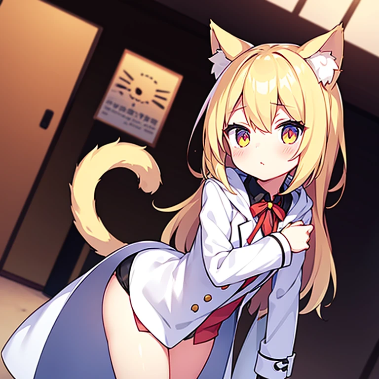 Cat girl, :3, cat ears, blonde hair, short hair, panties ,cowboy shot, standing, one arm up, Tail,one tail, in a suit, suit, happy,solo