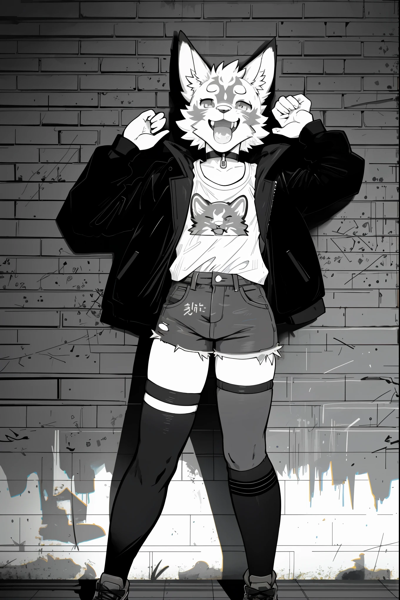 cover page, highres, top quality, best quality, paid reward available, unparalleled masterpiece, perfect artwork, absurdres, High-quality illustrations, laughing, perfect anatomy, lineart, monochrome, 1girl, kemono, furry, anthro, choker, shirt, torn legwear, open jacket, against wall, brick wall, graffiti, dim lighting, alley,
