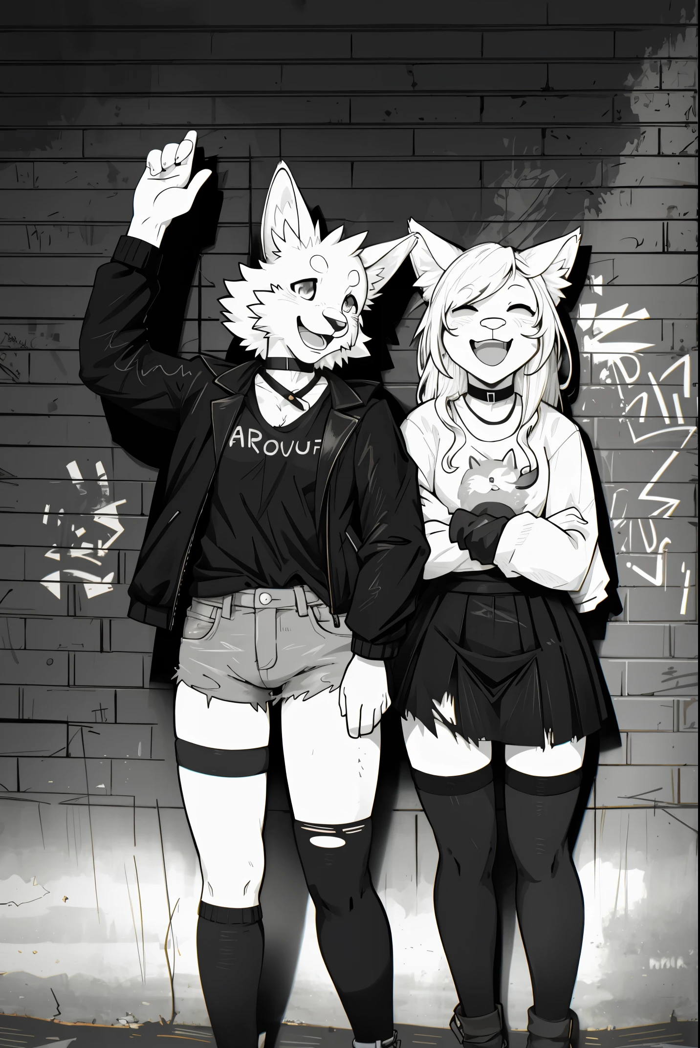 cover page, highres, top quality, best quality, paid reward available, unparalleled masterpiece, perfect artwork, absurdres, High-quality illustrations, laughing, perfect anatomy, lineart, monochrome, 1girl, kemono, furry, anthro, choker, shirt, torn legwear, open jacket, against wall, brick wall, graffiti, dim lighting, alley, dynamic angle,