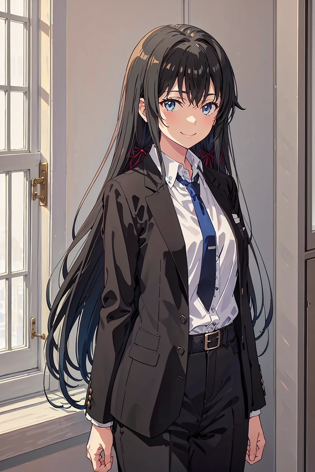 Yukinoshita Yukino ,Woman in formal attractive tailcoat standing in large alcove of room , 1girl in, Solo, blue necktie, Black hair, Blue eyes, Long hair, Smile , Collared shirt, White pants, White shirt , Tailored tailcoat elegant , Stand in front of the window ,Tailcoat elegantly tailored with shiny fabric