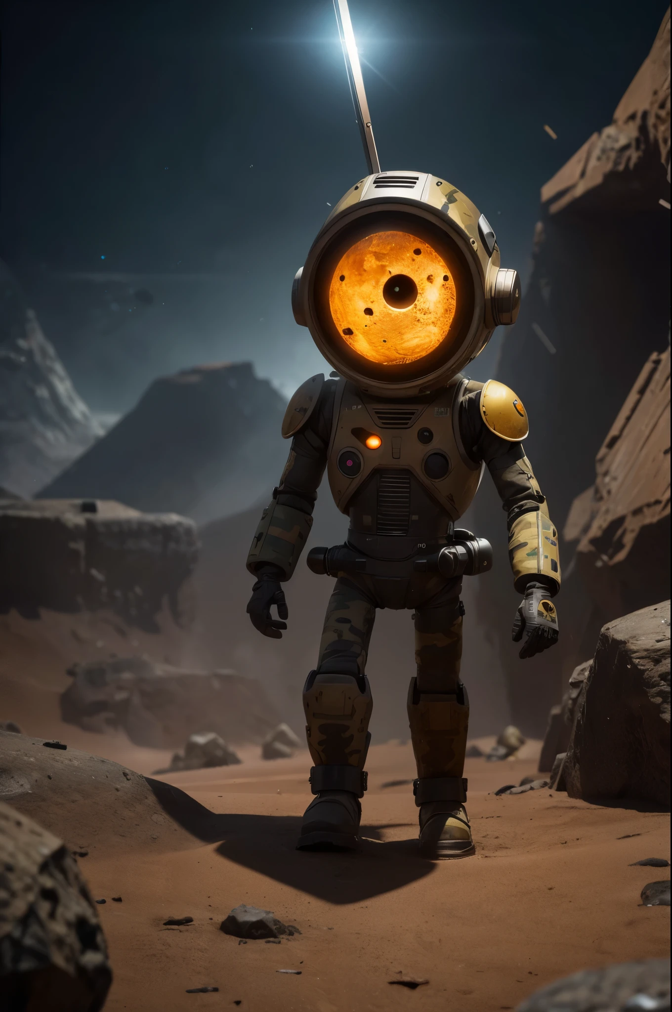 A Modern flat toon Crazy whit a Only Eye Robot, with shield tongs in hands, Tv head, pinhead, camouflage Yellow Rusty, Ambient in a meteorite crater super detailed, center, beautiful, soft lighting, focused on the character, 4K resolution, photorealistic rendering.